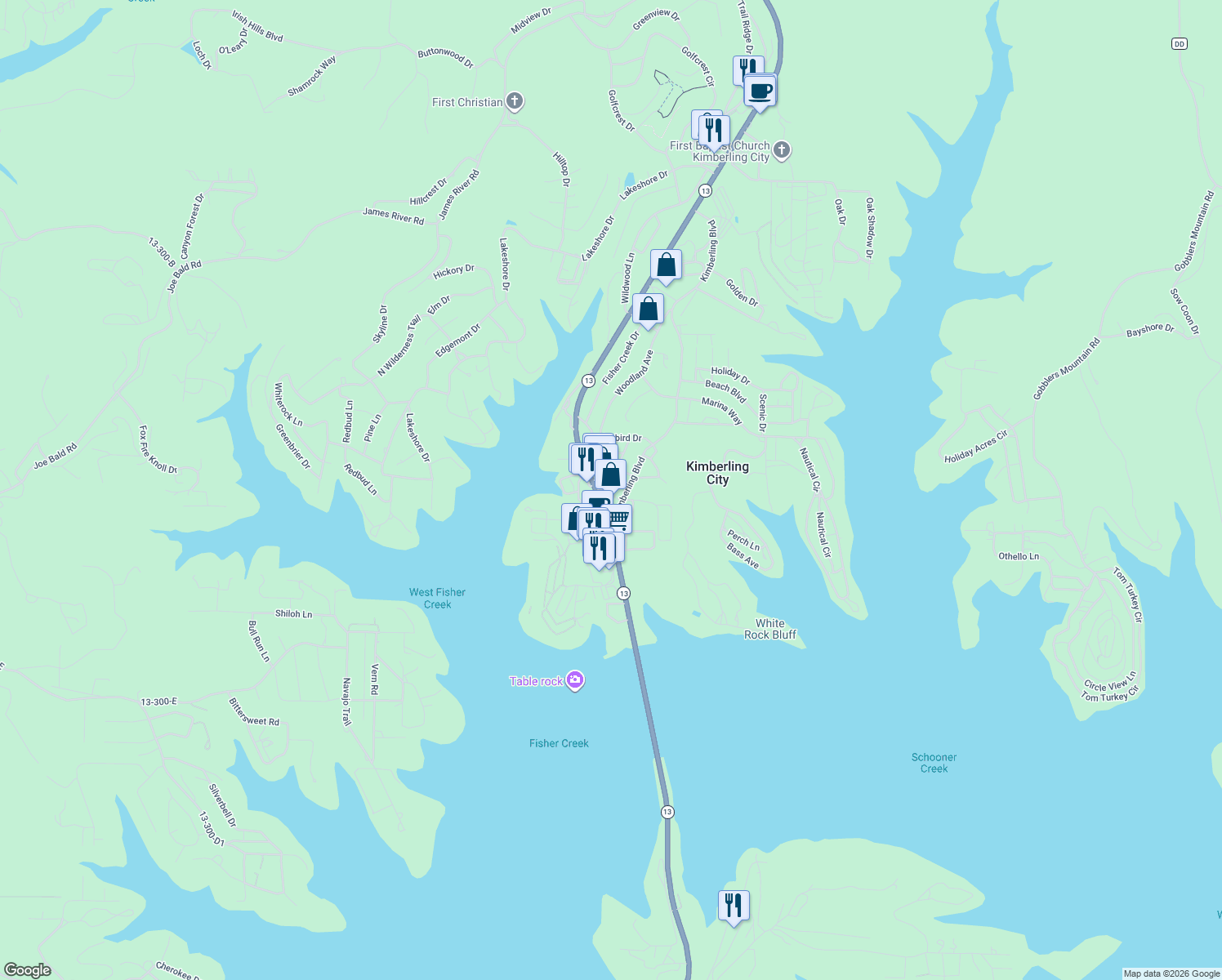 map of restaurants, bars, coffee shops, grocery stores, and more near C Street in Kimberling City