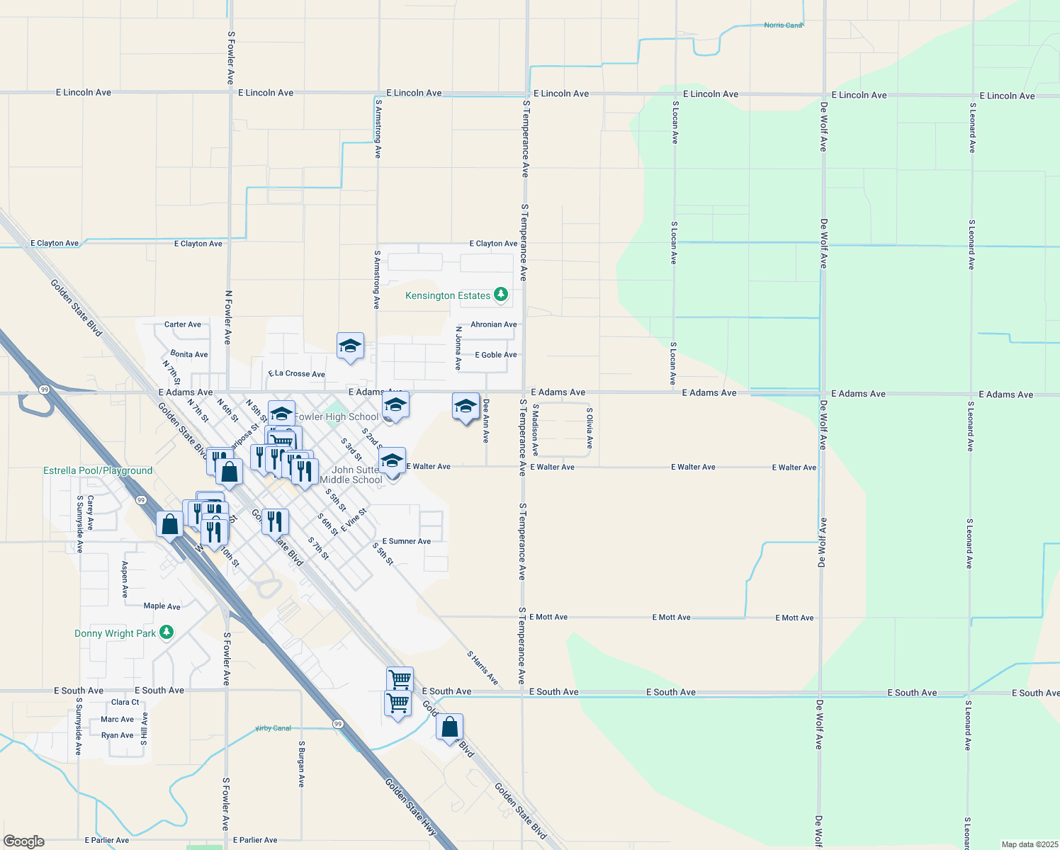 map of restaurants, bars, coffee shops, grocery stores, and more near 218 South Madison Avenue in Fowler