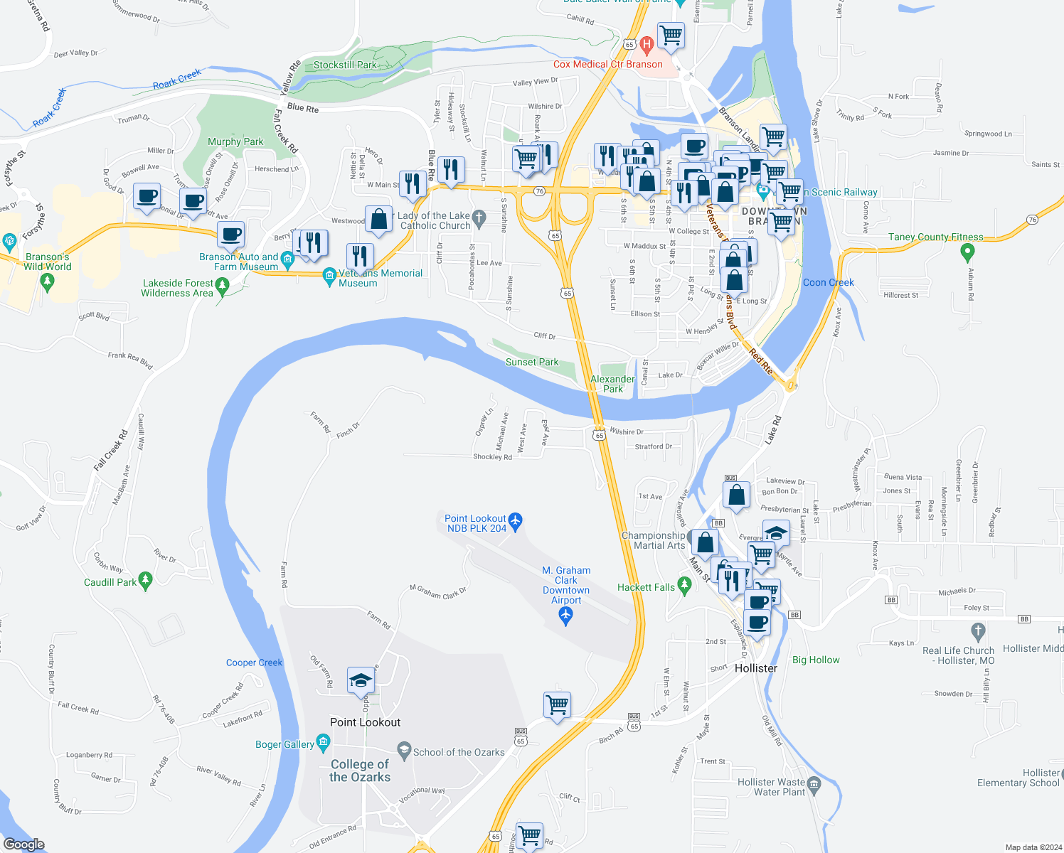 map of restaurants, bars, coffee shops, grocery stores, and more near 140 Wilshire Drive in Hollister