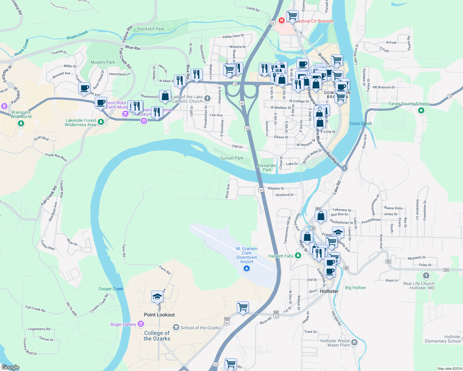 map of restaurants, bars, coffee shops, grocery stores, and more near 140 Wilshire Drive in Hollister