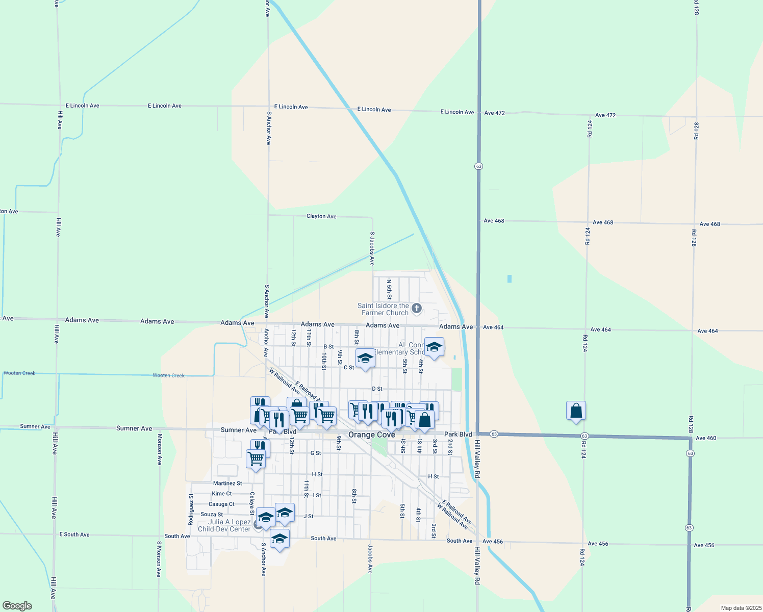 map of restaurants, bars, coffee shops, grocery stores, and more near 555 Gutierrez St in Orange Cove
