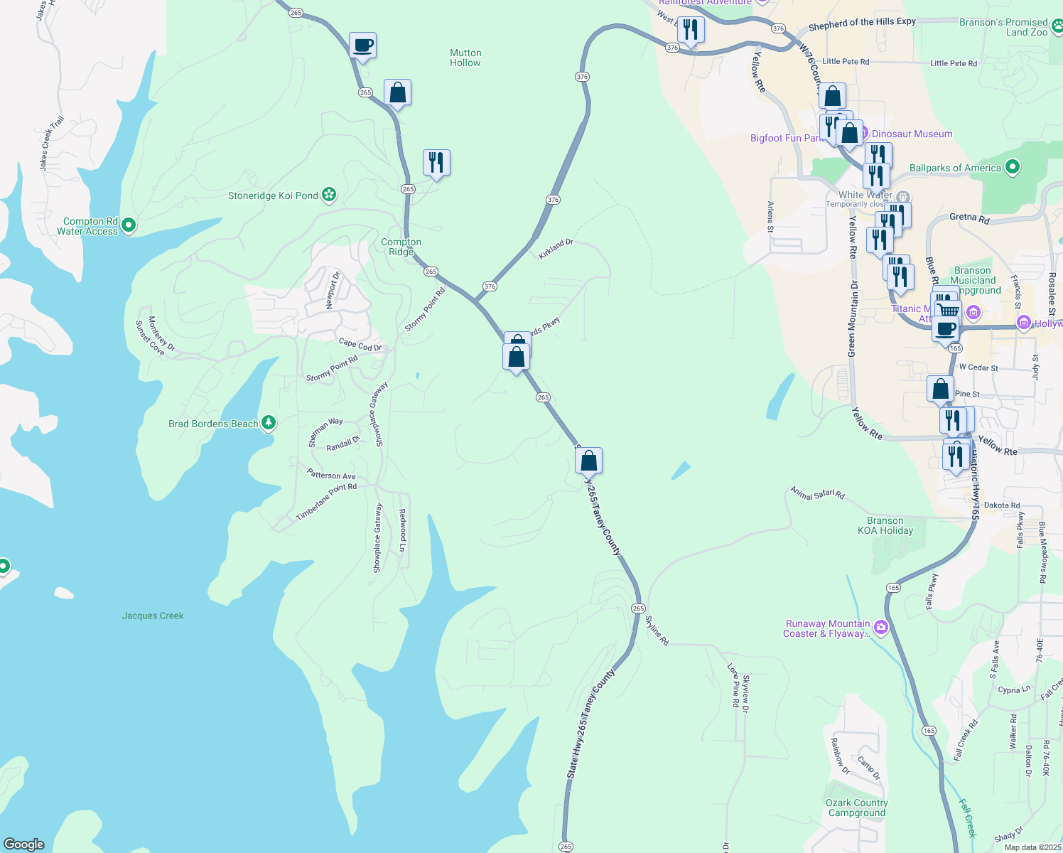 map of restaurants, bars, coffee shops, grocery stores, and more near 184 Hummingbird Hills Ln in Branson