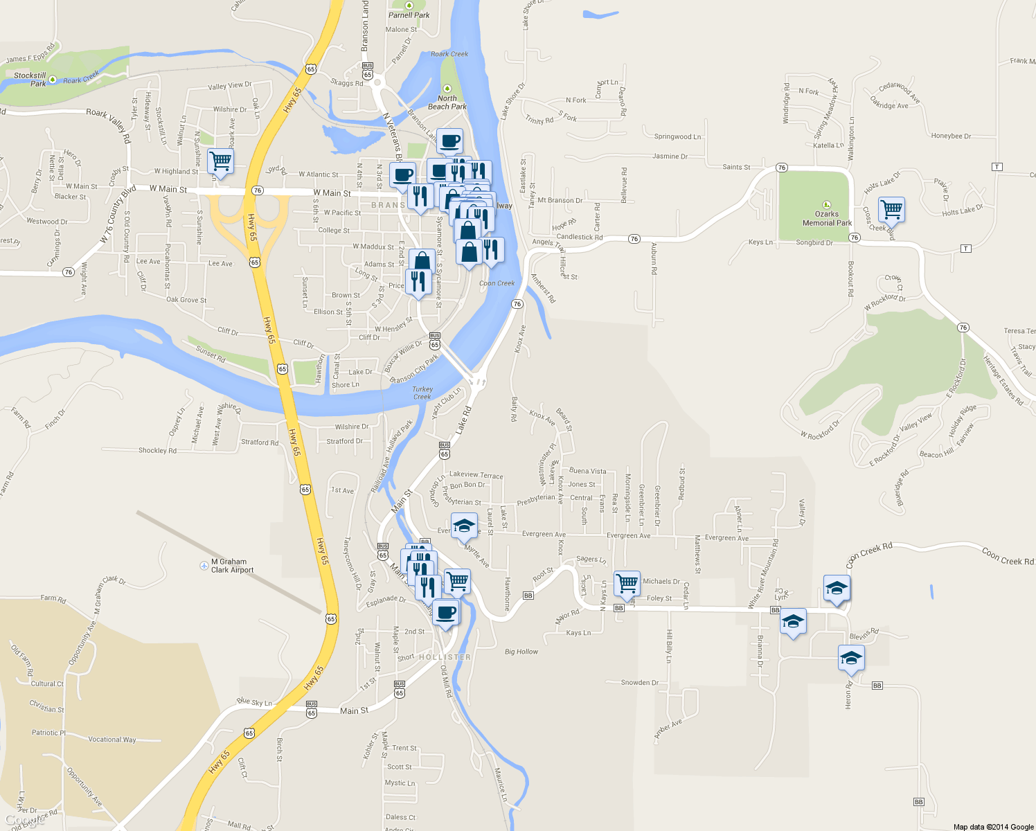 map of restaurants, bars, coffee shops, grocery stores, and more near 138 Baity Road in Hollister
