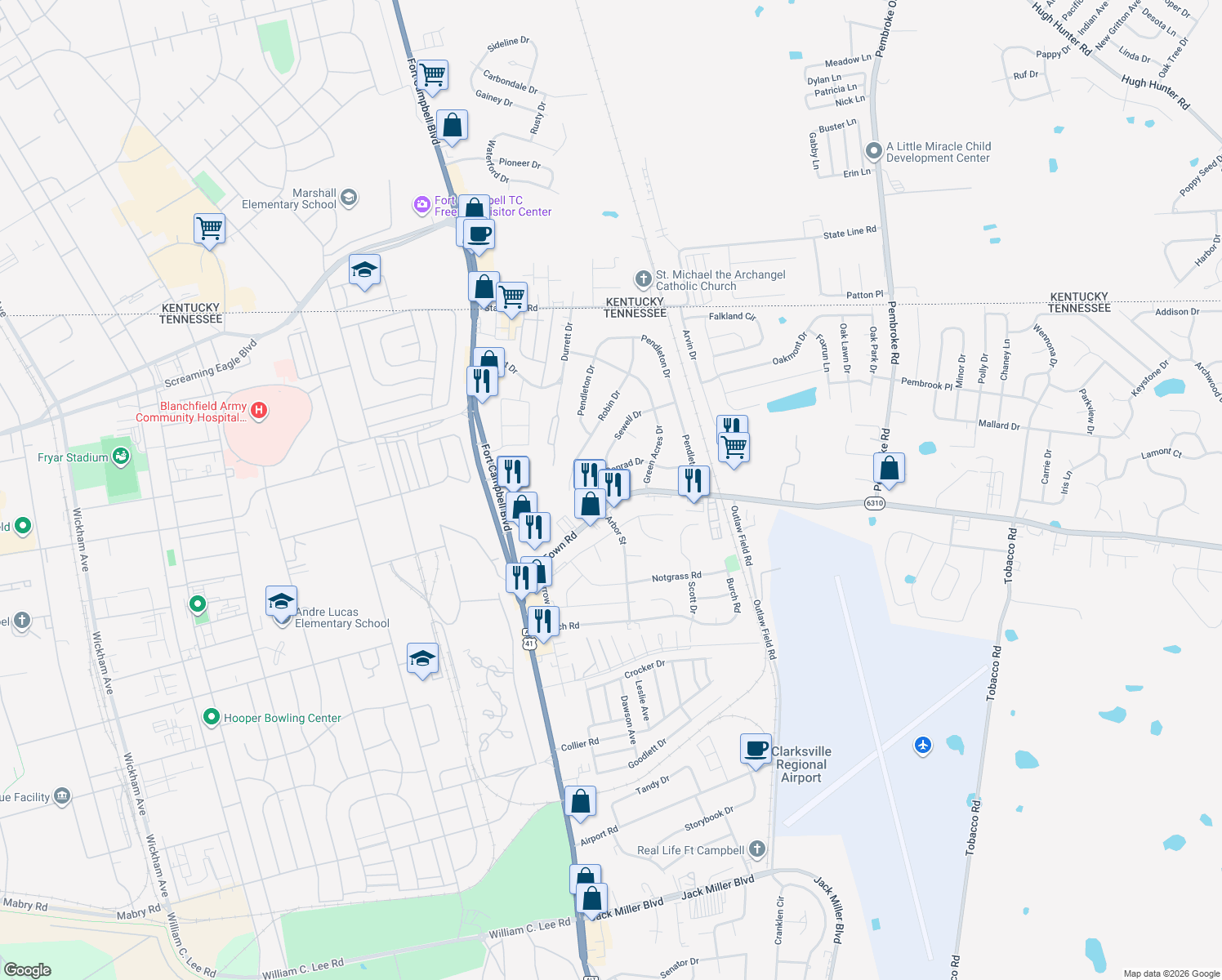map of restaurants, bars, coffee shops, grocery stores, and more near 290 Tiny Town Rd in Clarksville