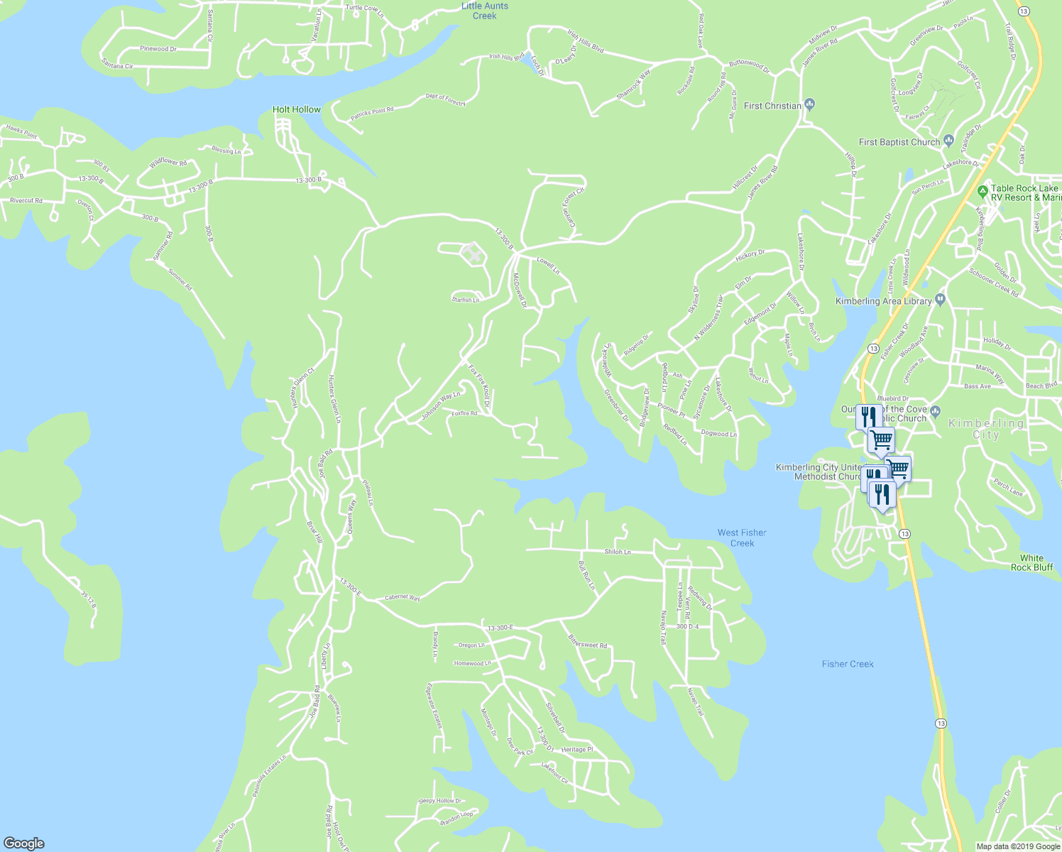 map of restaurants, bars, coffee shops, grocery stores, and more near 571 Fox Fire Knoll Drive in Kimberling City