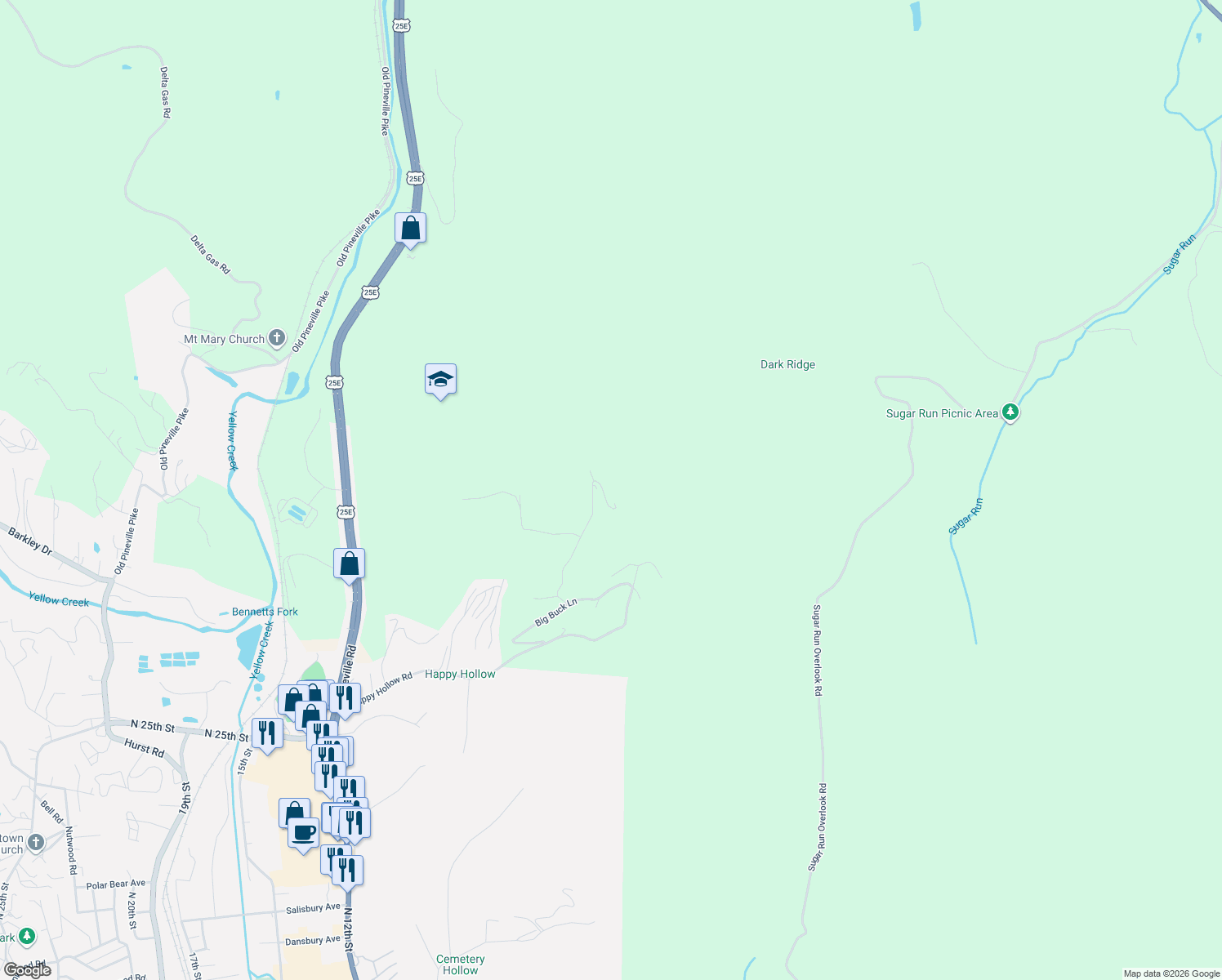 map of restaurants, bars, coffee shops, grocery stores, and more near 315 Does Crossing in Middlesboro