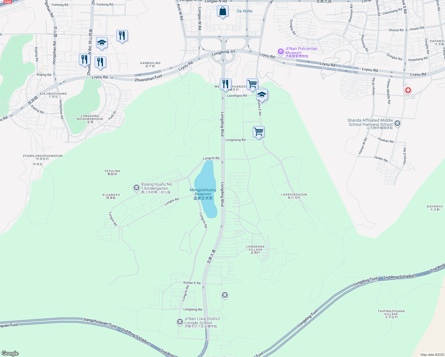 map of restaurants, bars, coffee shops, grocery stores, and more near Long Ding Da Dao in Ji Nan Shi