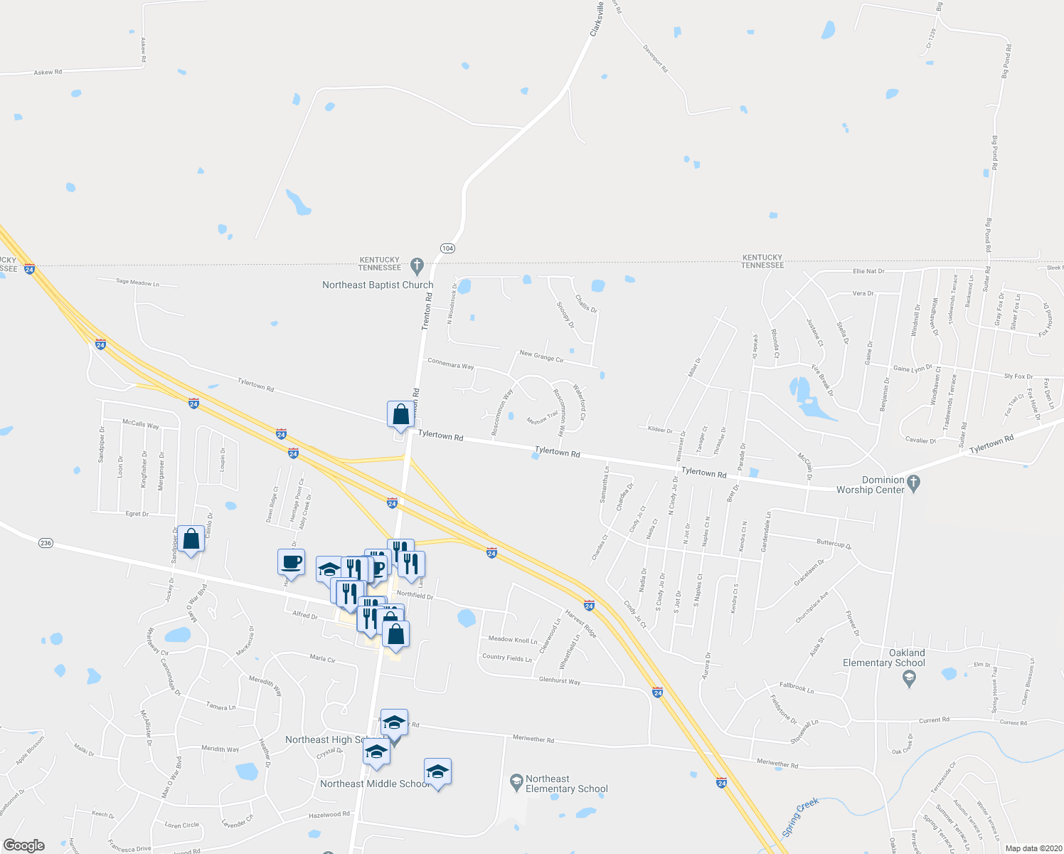 map of restaurants, bars, coffee shops, grocery stores, and more near 1074 Meshaw Trail in Clarksville