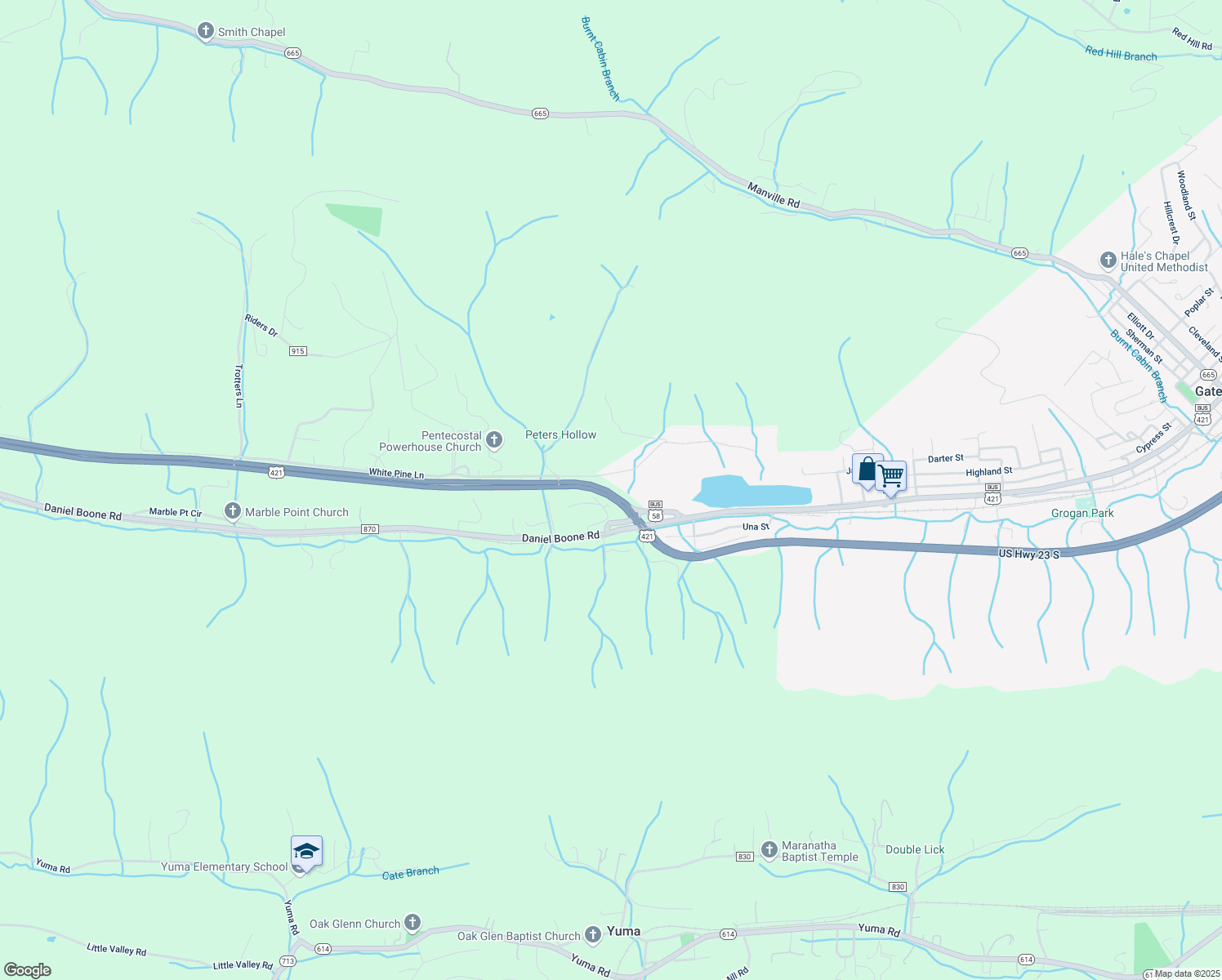 map of restaurants, bars, coffee shops, grocery stores, and more near U.S. 421 in Gate City