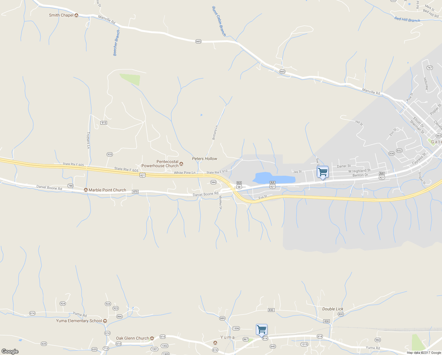 map of restaurants, bars, coffee shops, grocery stores, and more near U.S. 58 in Gate City