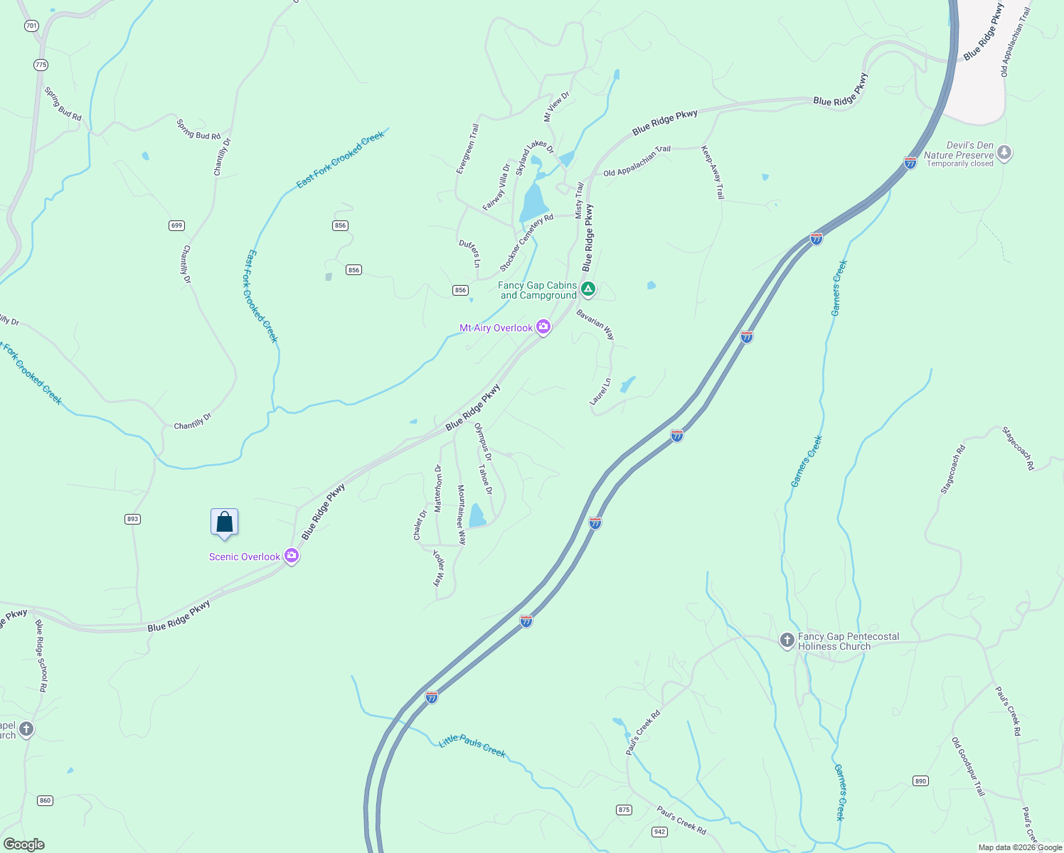 map of restaurants, bars, coffee shops, grocery stores, and more near 100-222 Alpine Road in Fancy Gap