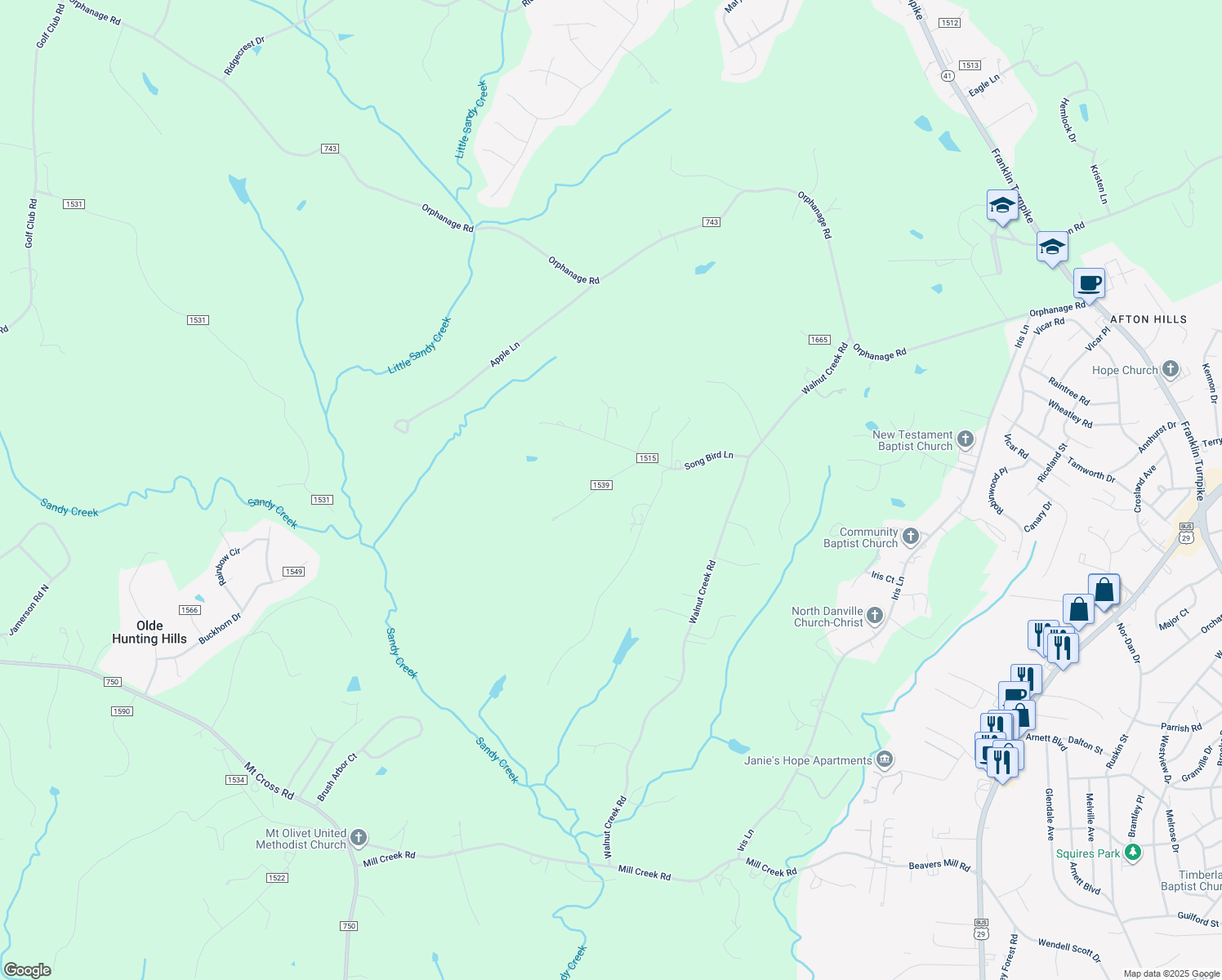 map of restaurants, bars, coffee shops, grocery stores, and more near 257 Ashworth Lane in Danville