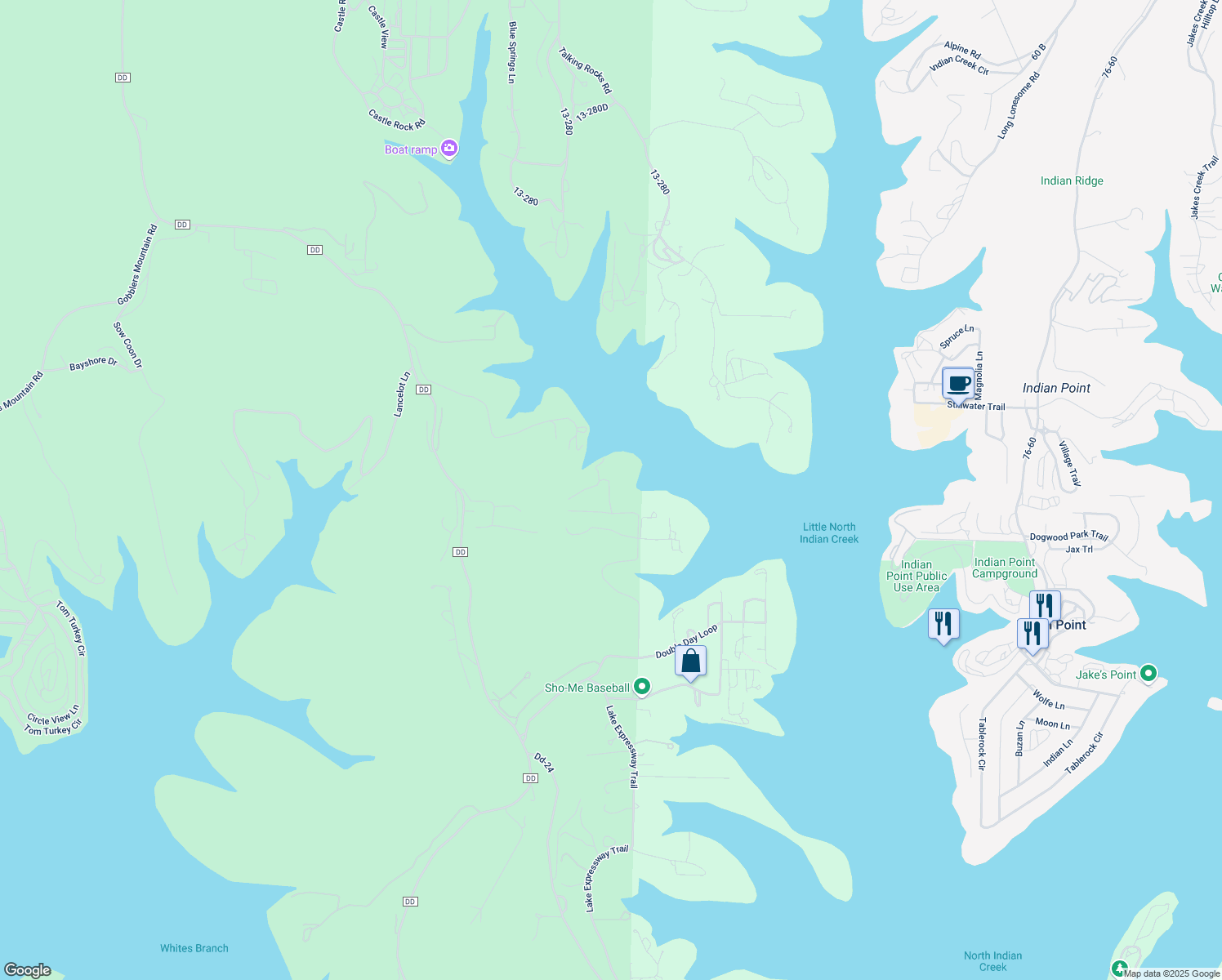 map of restaurants, bars, coffee shops, grocery stores, and more near 623-759 Splitrail Pass in Reeds Spring