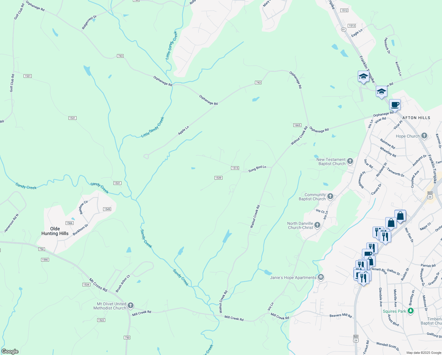 map of restaurants, bars, coffee shops, grocery stores, and more near 257 Ashworth Lane in Danville