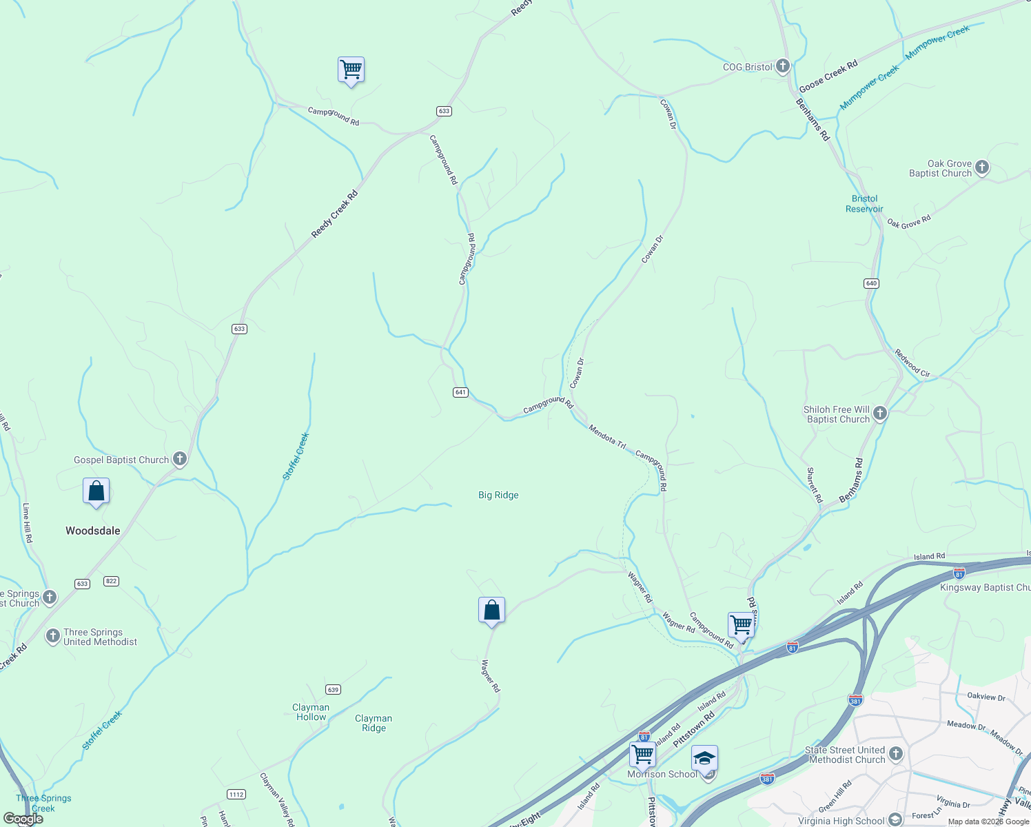 map of restaurants, bars, coffee shops, grocery stores, and more near 21527 Campground Road in Bristol