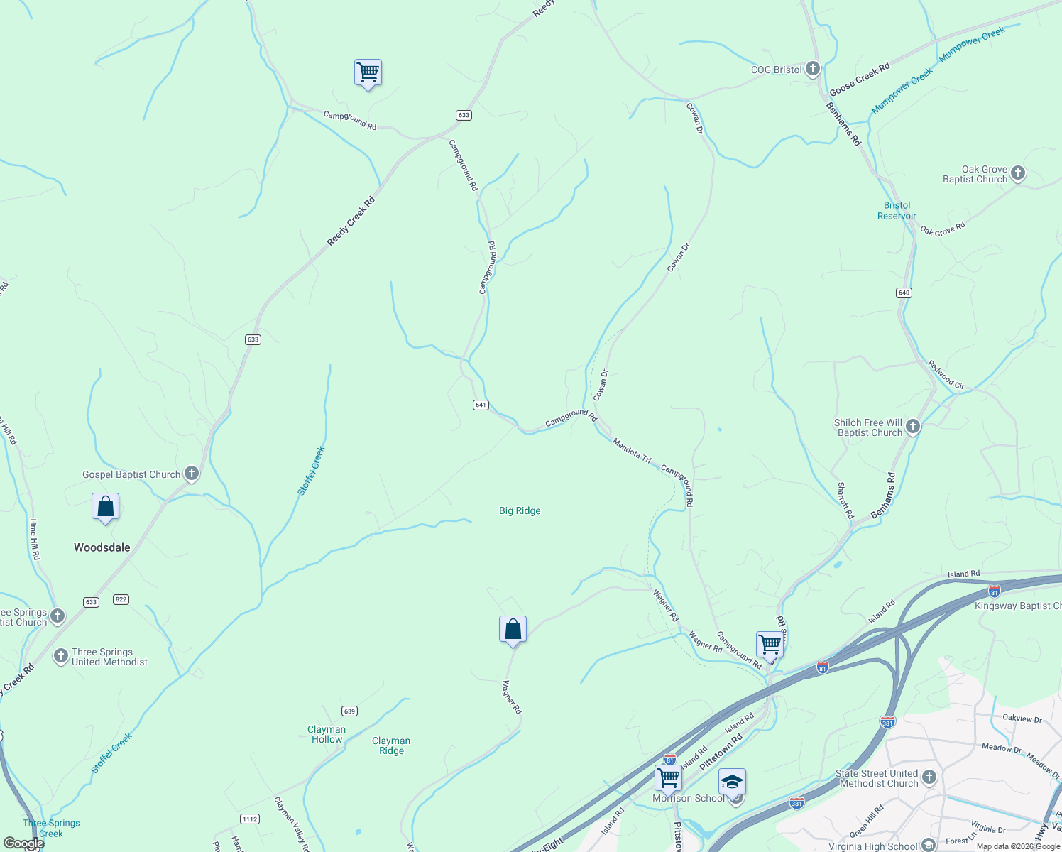 map of restaurants, bars, coffee shops, grocery stores, and more near 21527 Campground Road in Bristol
