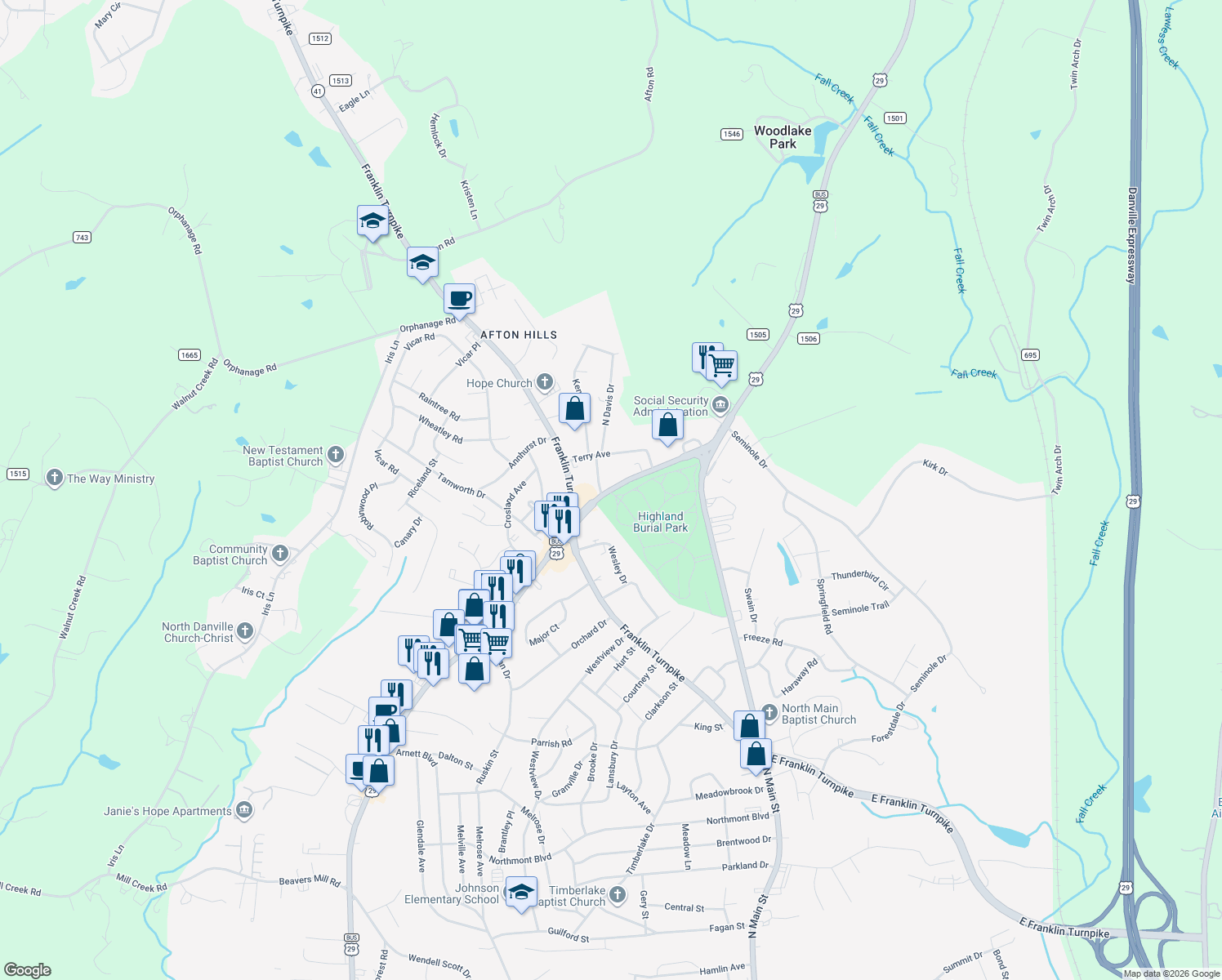 map of restaurants, bars, coffee shops, grocery stores, and more near 1608 Piney Forest Rd in Danville