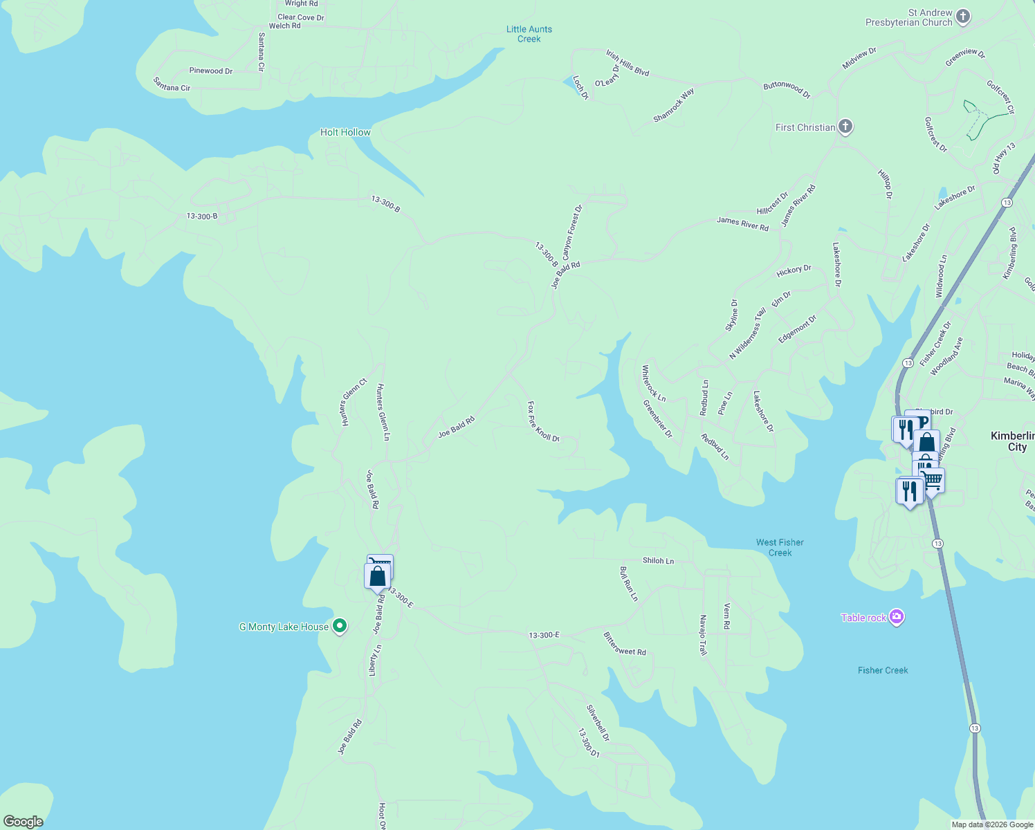 map of restaurants, bars, coffee shops, grocery stores, and more near 571 Foxfire Road in Kimberling City