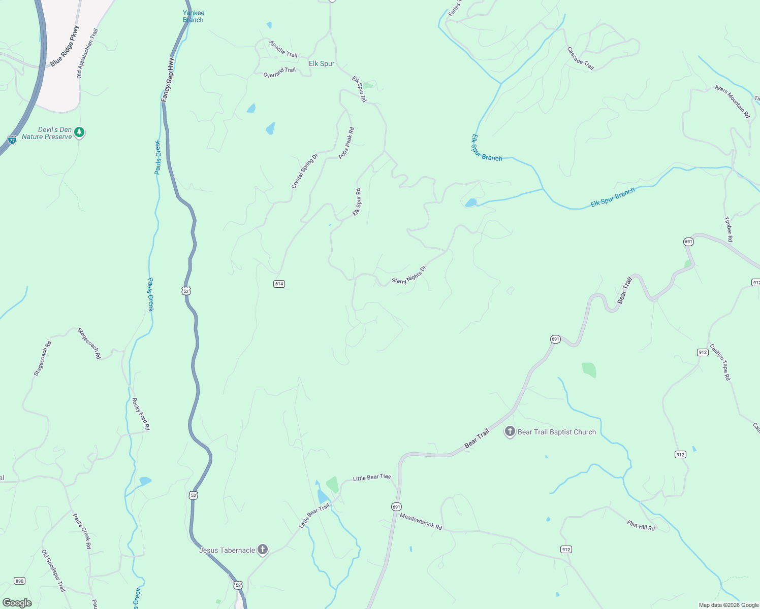 map of restaurants, bars, coffee shops, grocery stores, and more near 550 Starry Nights Drive in Fancy Gap