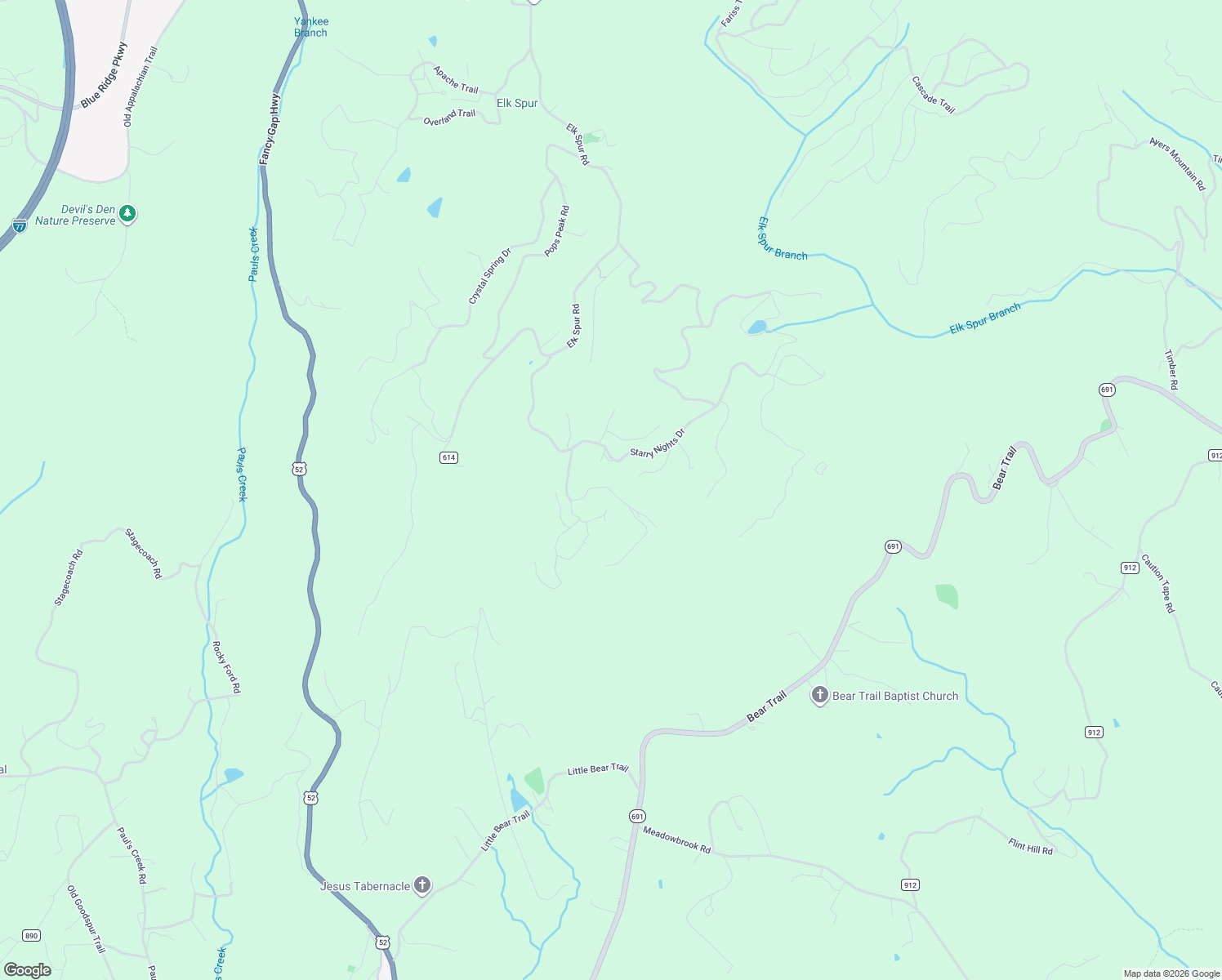 map of restaurants, bars, coffee shops, grocery stores, and more near 550 Starry Nights Drive in Fancy Gap