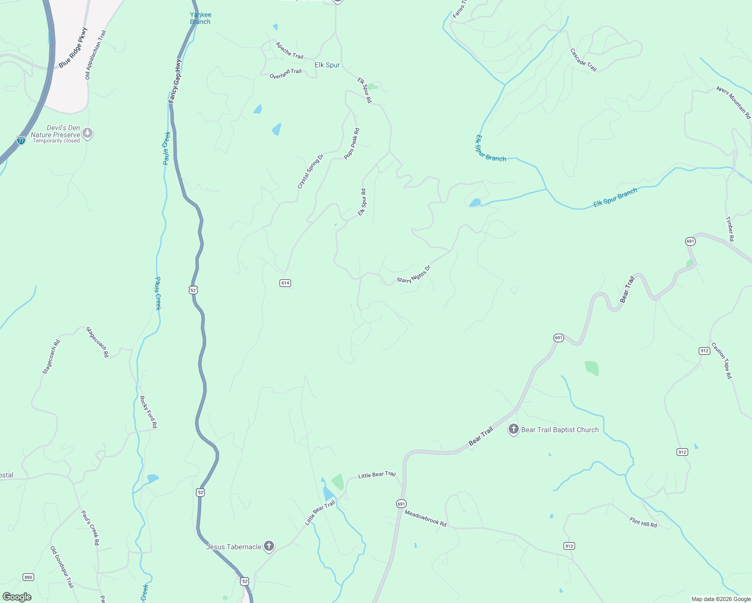 map of restaurants, bars, coffee shops, grocery stores, and more near 550 Starry Nights Drive in Fancy Gap