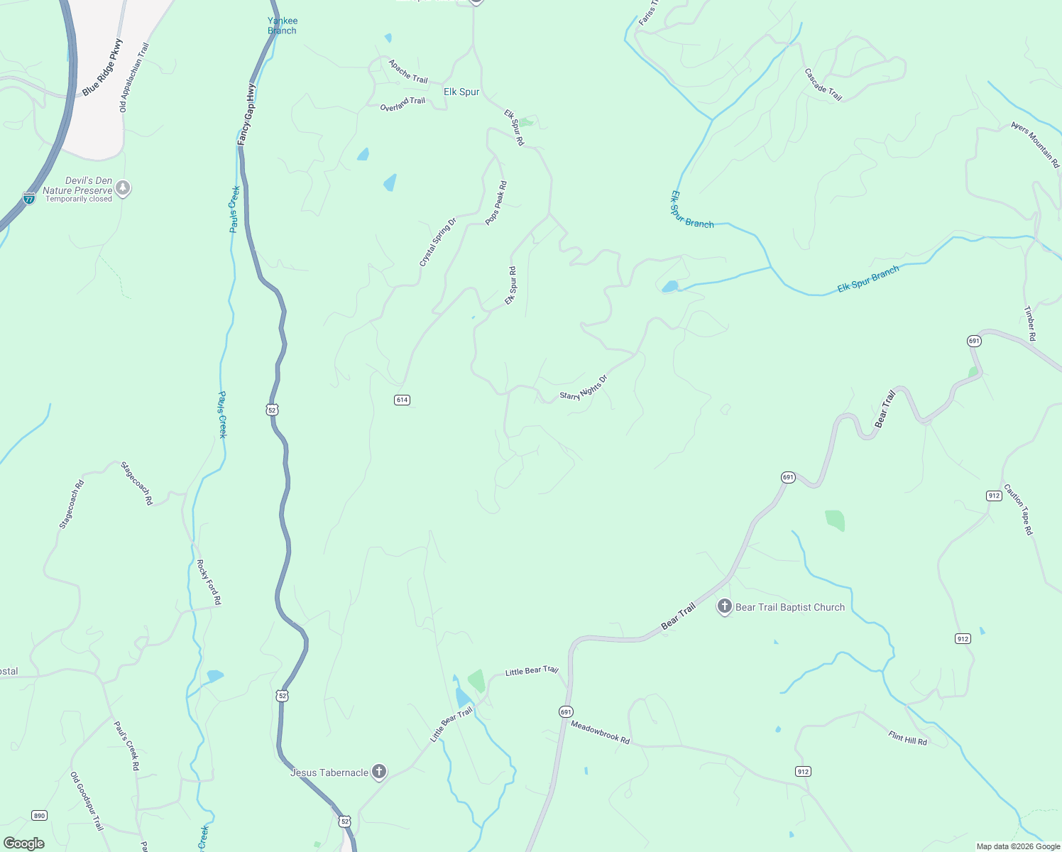map of restaurants, bars, coffee shops, grocery stores, and more near 550 Starry Nights Drive in Fancy Gap