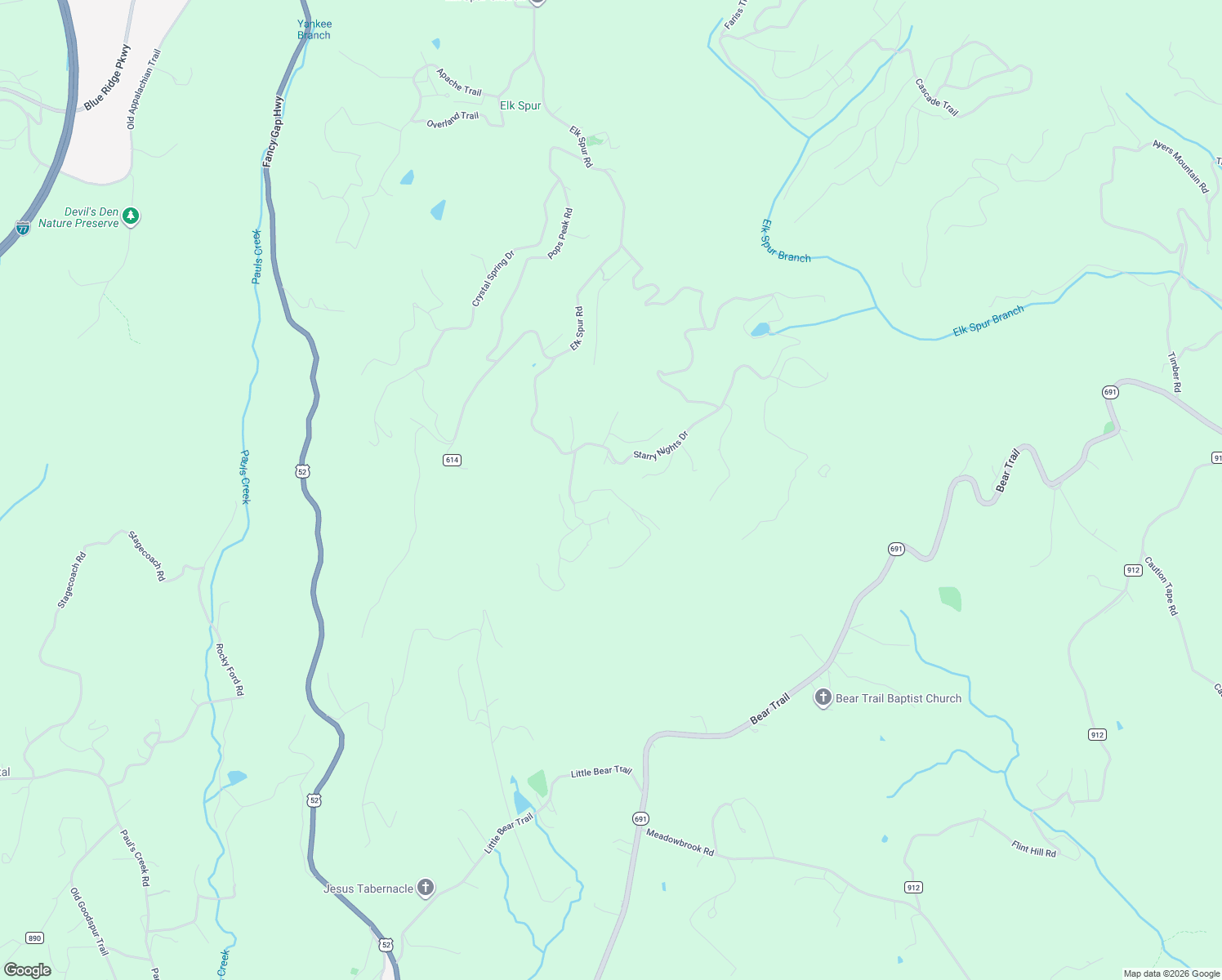 map of restaurants, bars, coffee shops, grocery stores, and more near 550 Starry Nights Drive in Fancy Gap