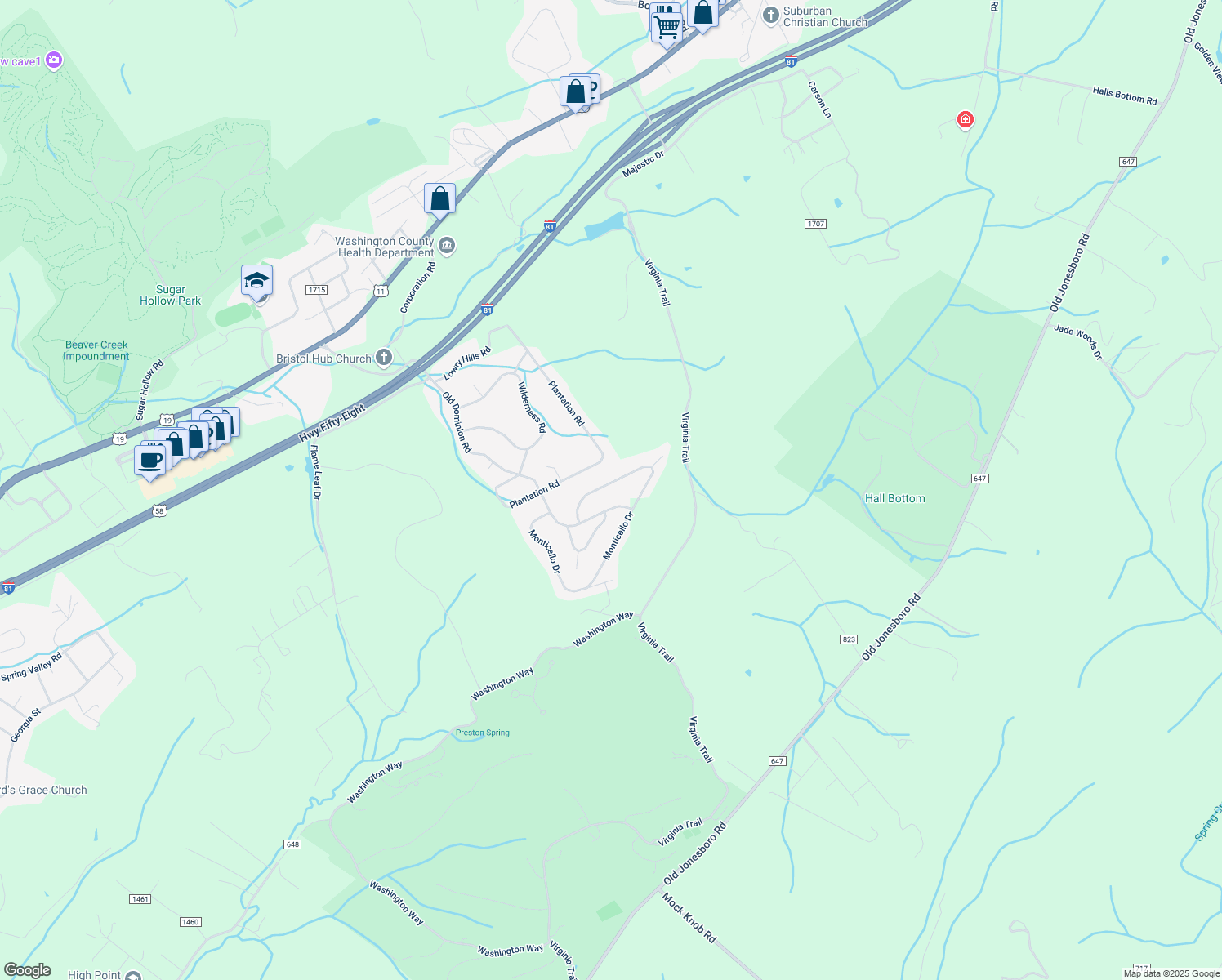 map of restaurants, bars, coffee shops, grocery stores, and more near 15324 Monticello Drive in Bristol
