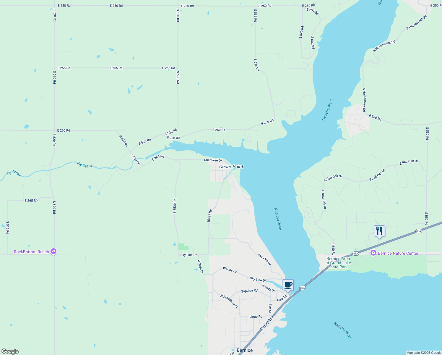 map of restaurants, bars, coffee shops, grocery stores, and more near 504 1st Street in Bernice