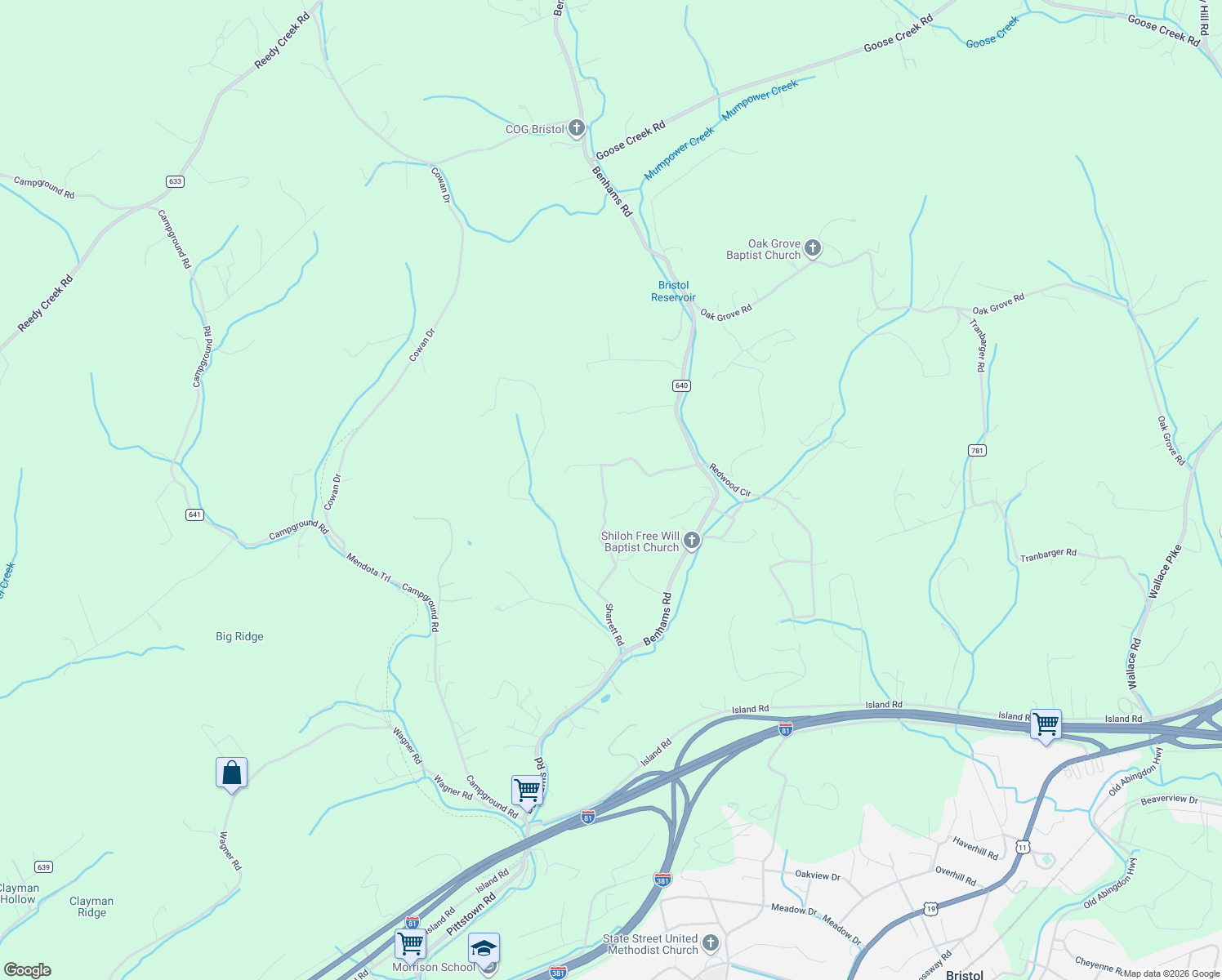 map of restaurants, bars, coffee shops, grocery stores, and more near Sharrett Drive in Bristol