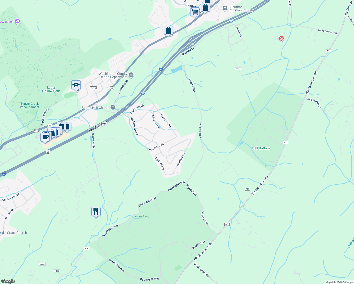 map of restaurants, bars, coffee shops, grocery stores, and more near 15324 Monticello Drive in Bristol