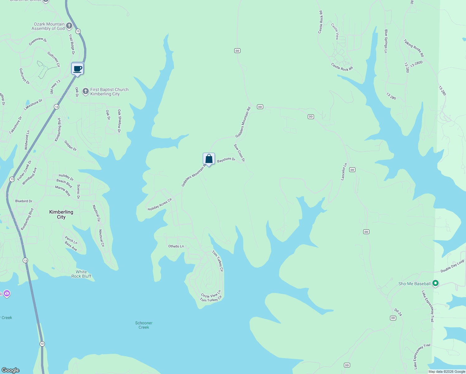 map of restaurants, bars, coffee shops, grocery stores, and more near 286 Bayshore Drive in Reeds Spring