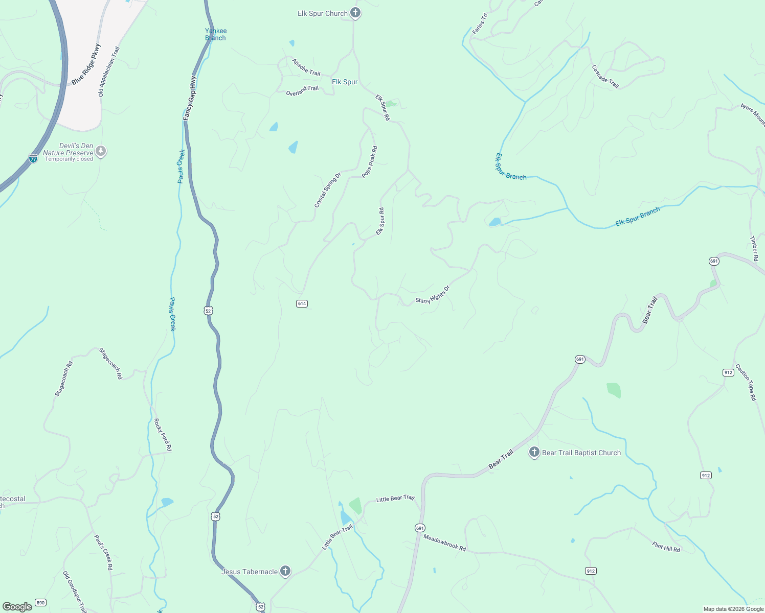 map of restaurants, bars, coffee shops, grocery stores, and more near 1245-1759 Old Elkspur Road in Fancy Gap