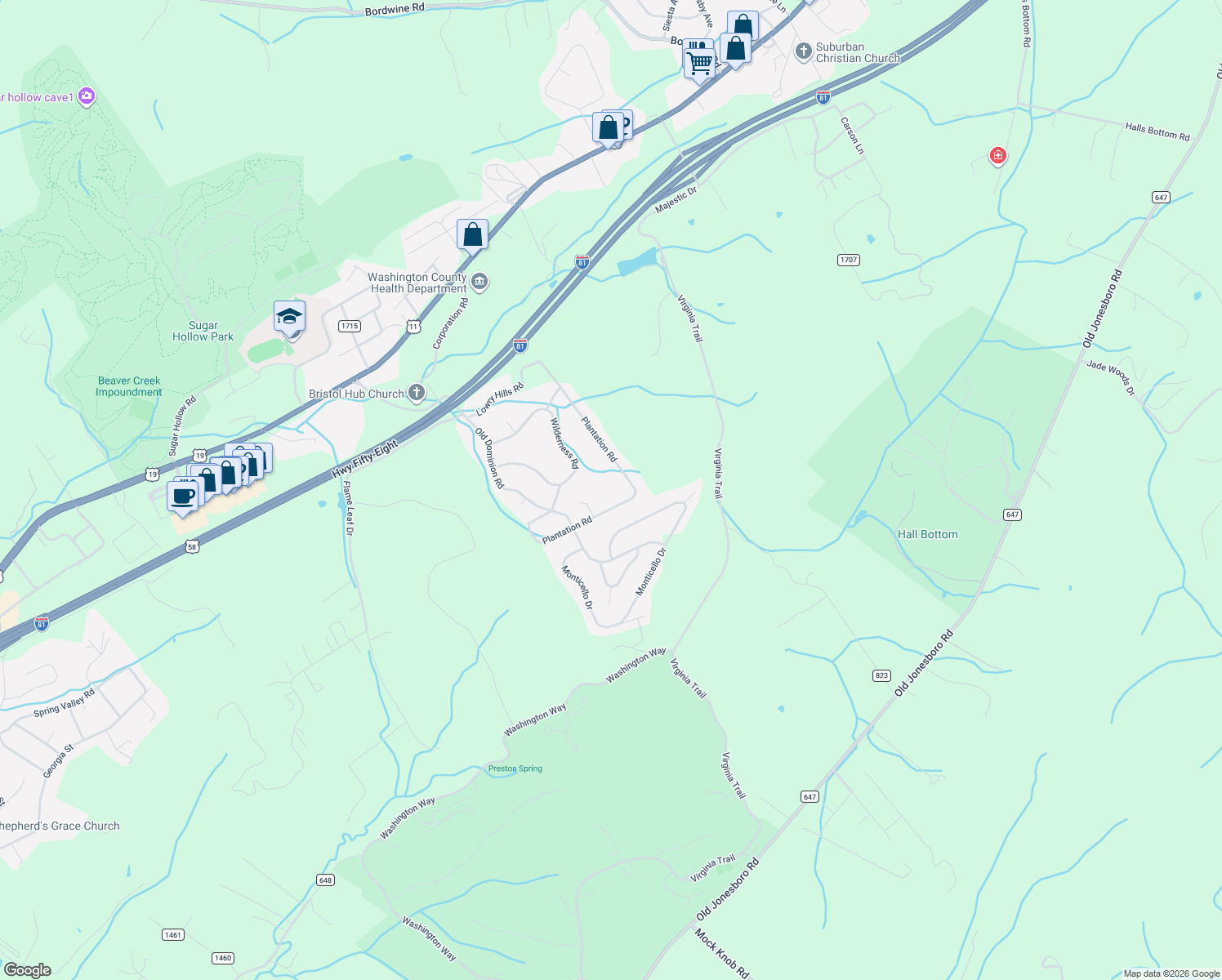 map of restaurants, bars, coffee shops, grocery stores, and more near 21506 Plantation Rd in Bristol