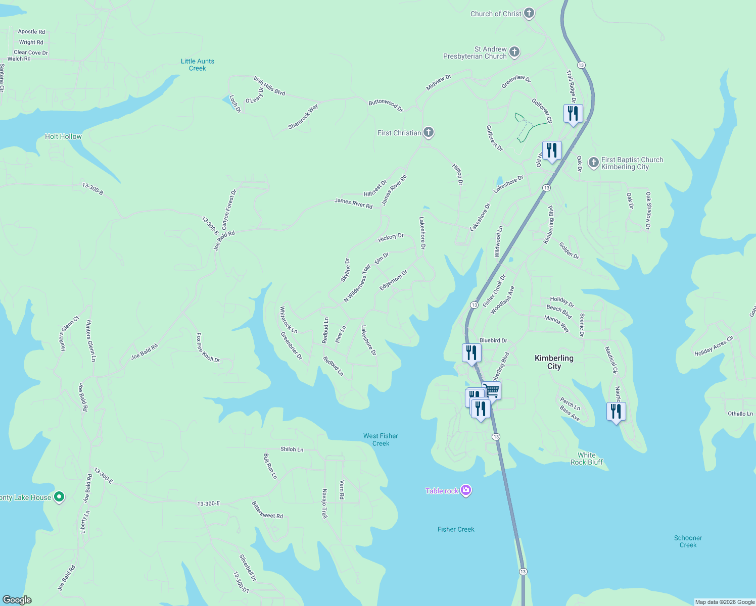 map of restaurants, bars, coffee shops, grocery stores, and more near 27 Edgemont Drive in Kimberling City