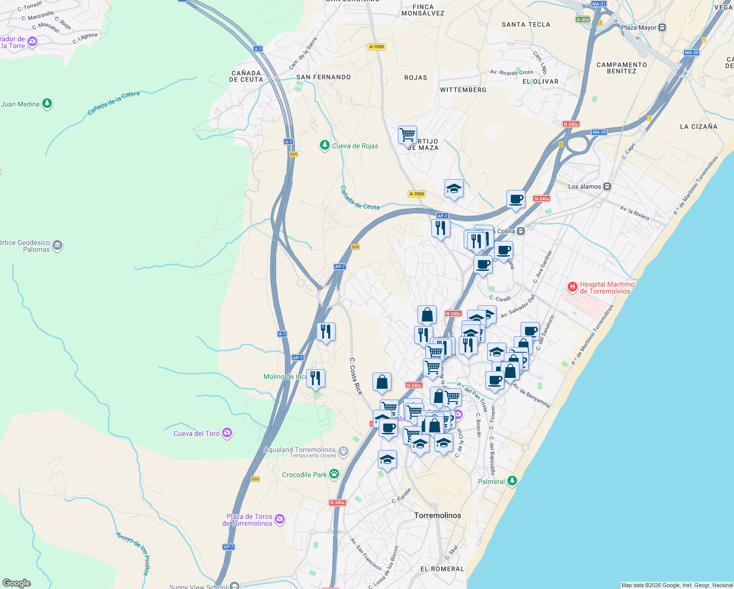 map of restaurants, bars, coffee shops, grocery stores, and more near 13A Calle las Velas in Torremolinos
