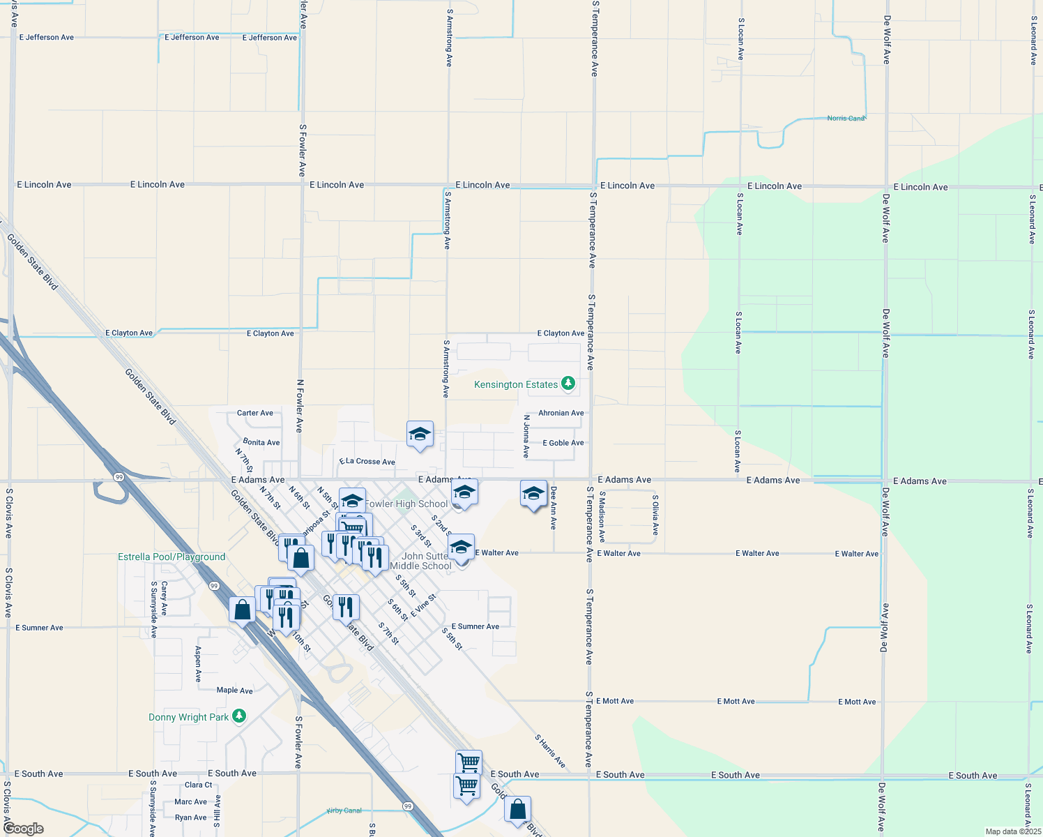 map of restaurants, bars, coffee shops, grocery stores, and more near 221 N Jonna Ave in Fowler