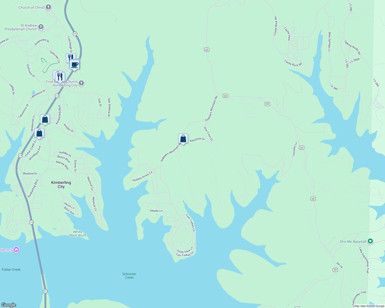 map of restaurants, bars, coffee shops, grocery stores, and more near in Kimberling City