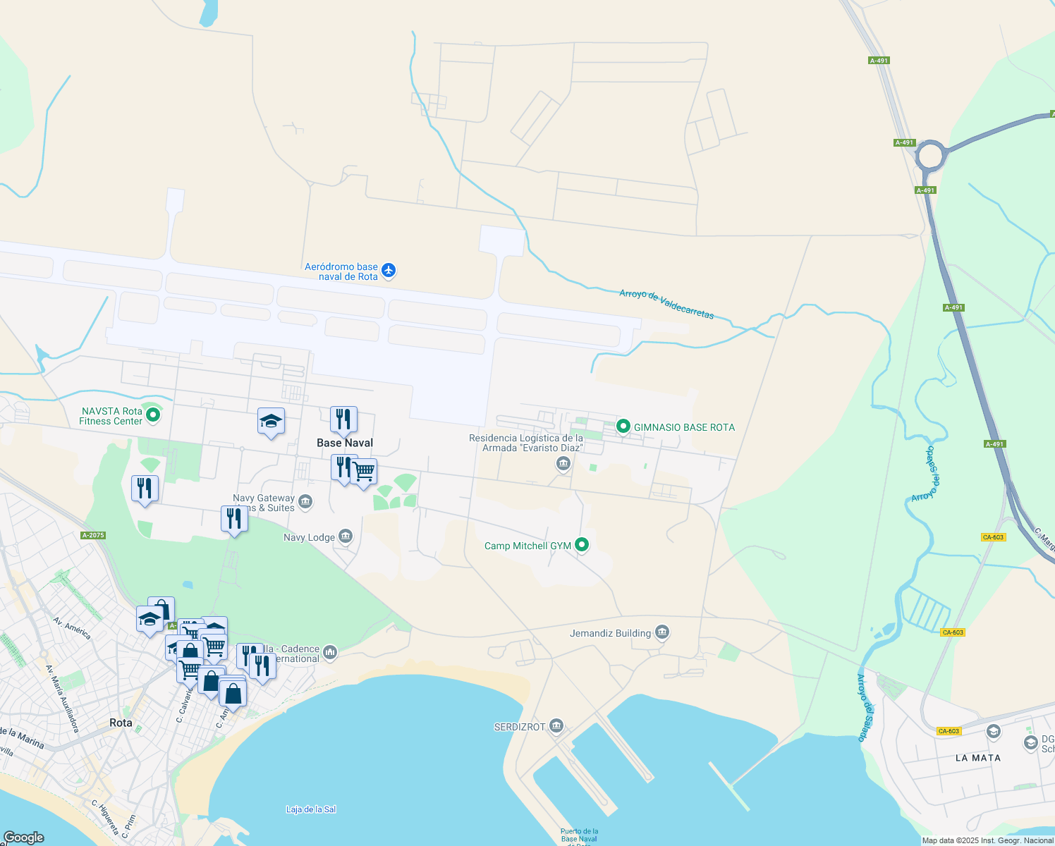 map of restaurants, bars, coffee shops, grocery stores, and more near s/n Base Naval de Rota in Rota