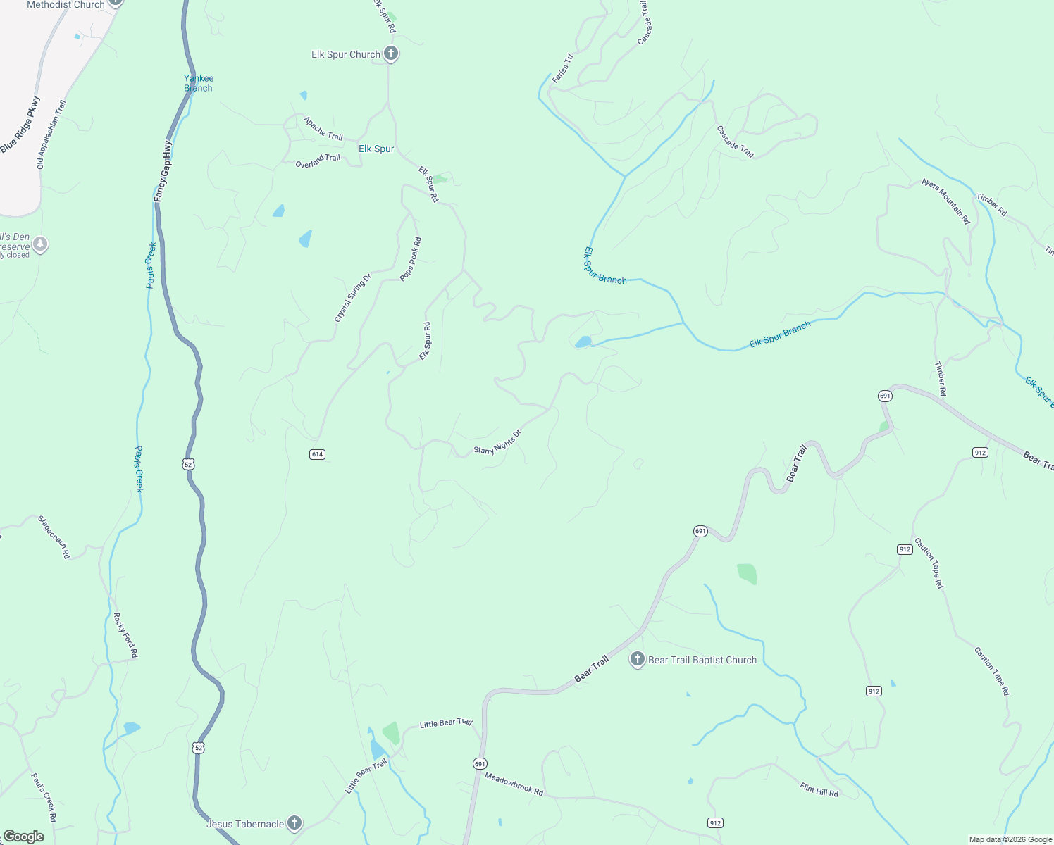 map of restaurants, bars, coffee shops, grocery stores, and more near 1-123 Covered Bridge Road in Fancy Gap