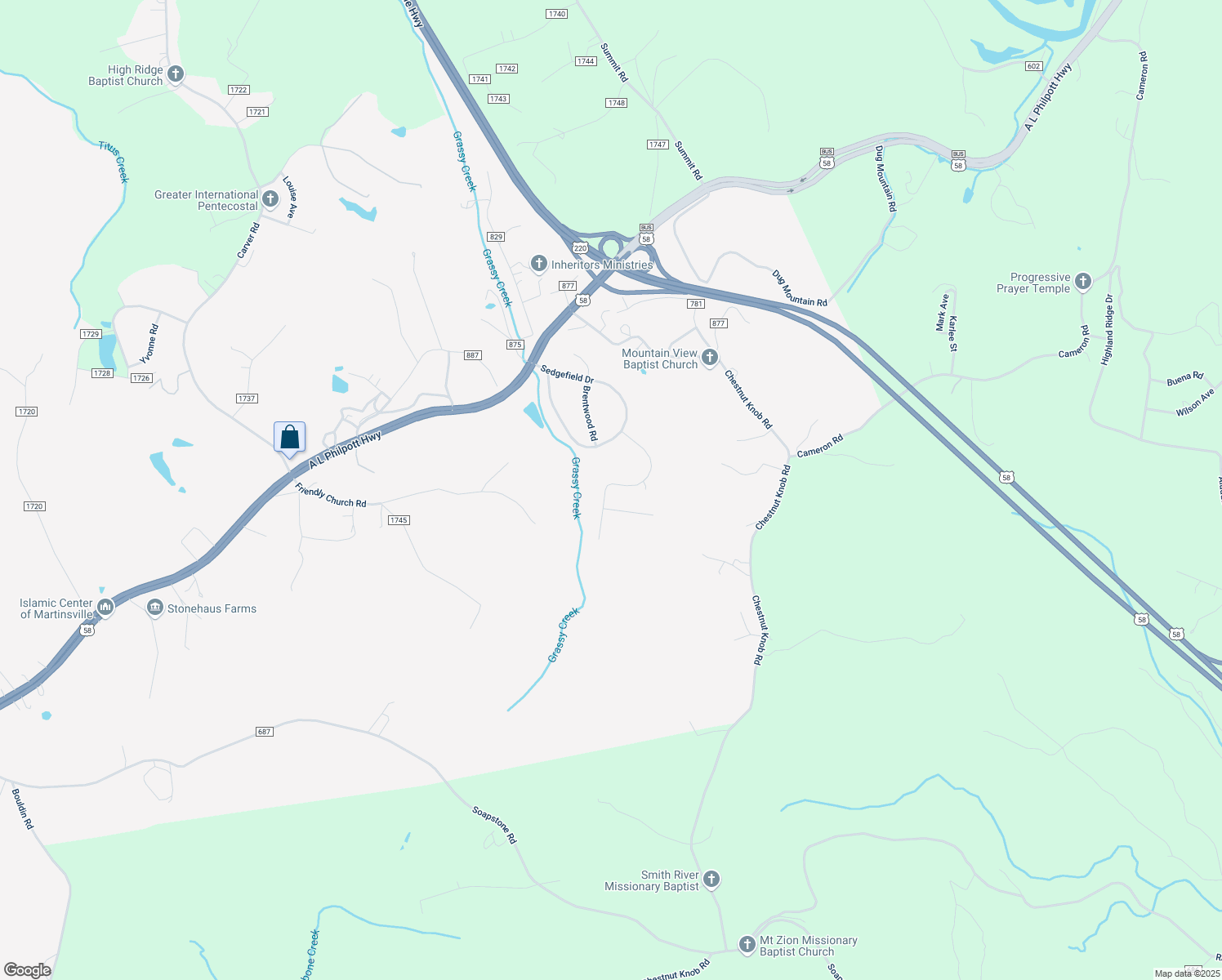 map of restaurants, bars, coffee shops, grocery stores, and more near 291 Kenmore Avenue in Martinsville