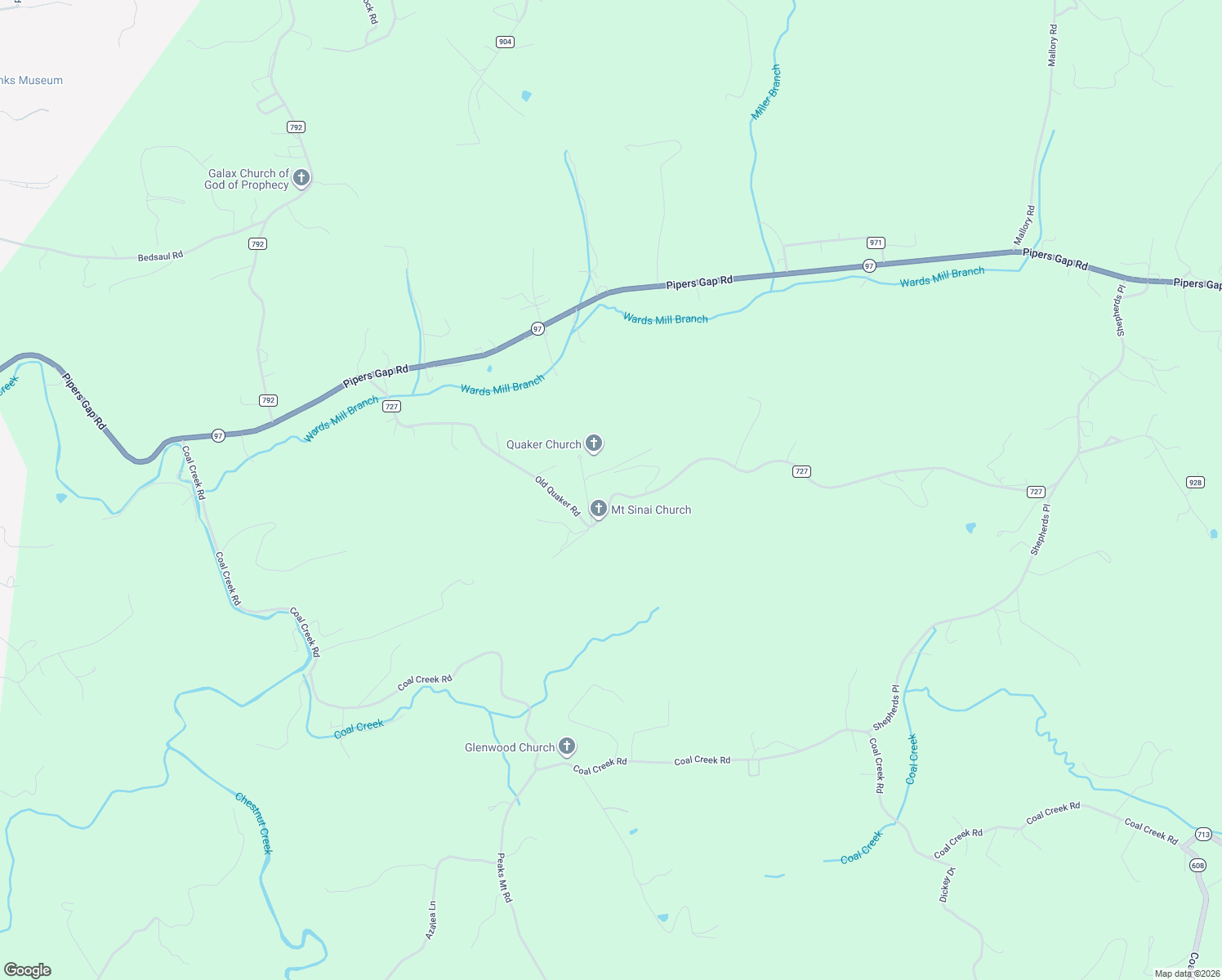 map of restaurants, bars, coffee shops, grocery stores, and more near Old Quaker Road in Galax