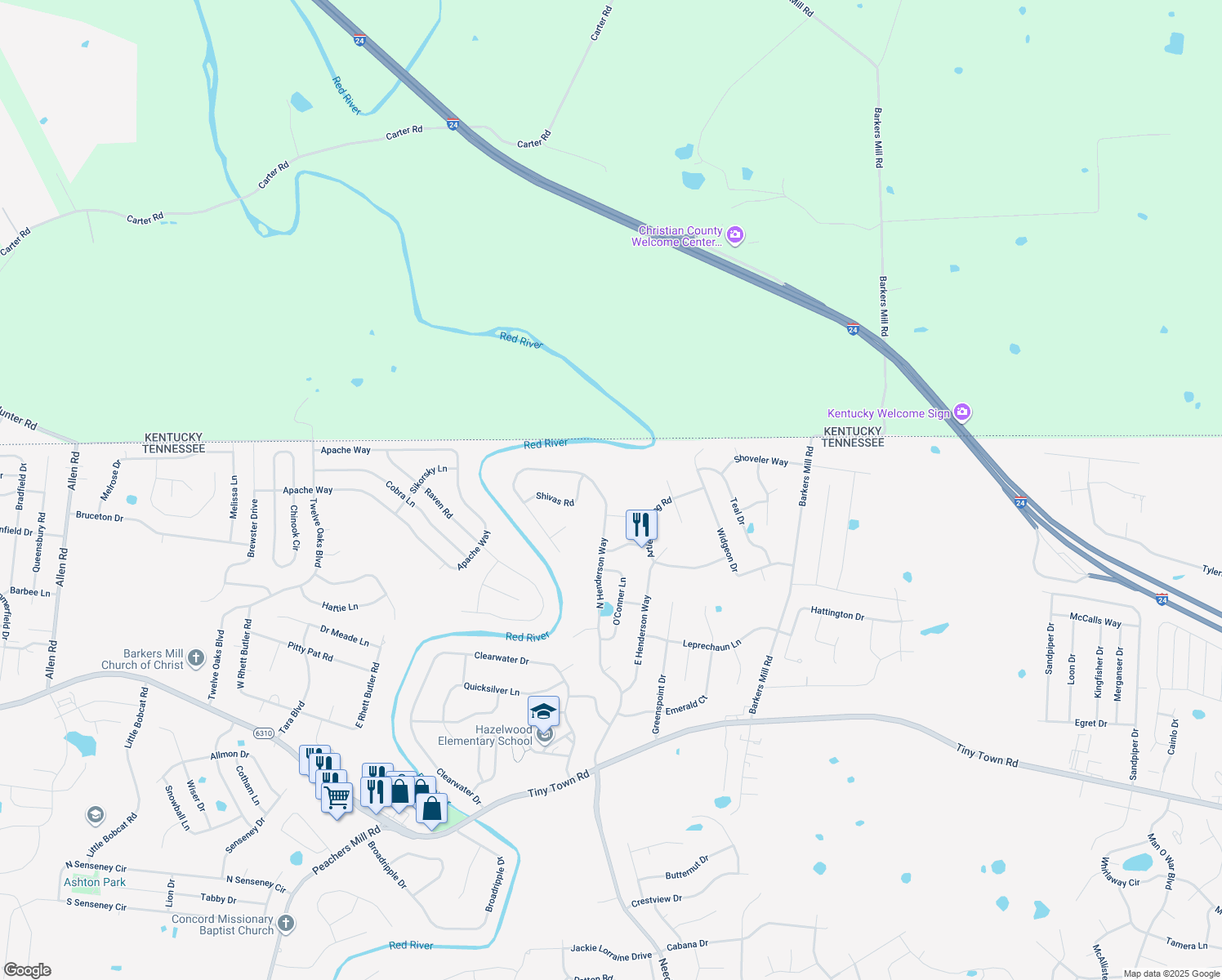 map of restaurants, bars, coffee shops, grocery stores, and more near 3381 North Henderson Way in Clarksville