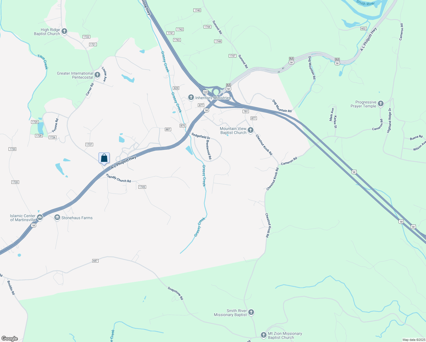 map of restaurants, bars, coffee shops, grocery stores, and more near 291 Kenmore Avenue in Martinsville