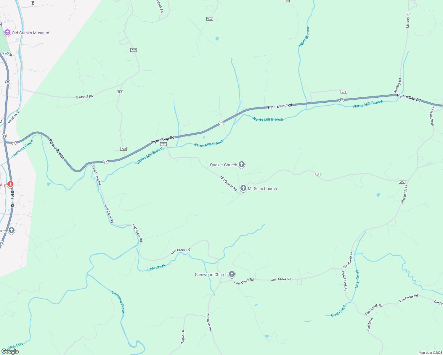 map of restaurants, bars, coffee shops, grocery stores, and more near Old Quaker Road in Galax