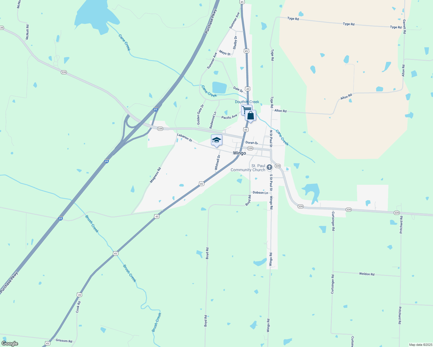 map of restaurants, bars, coffee shops, grocery stores, and more near 10089 U.S. 45 in Wingo
