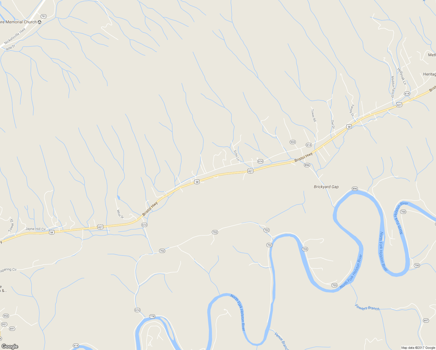 map of restaurants, bars, coffee shops, grocery stores, and more near Bristol Highway in Gate City