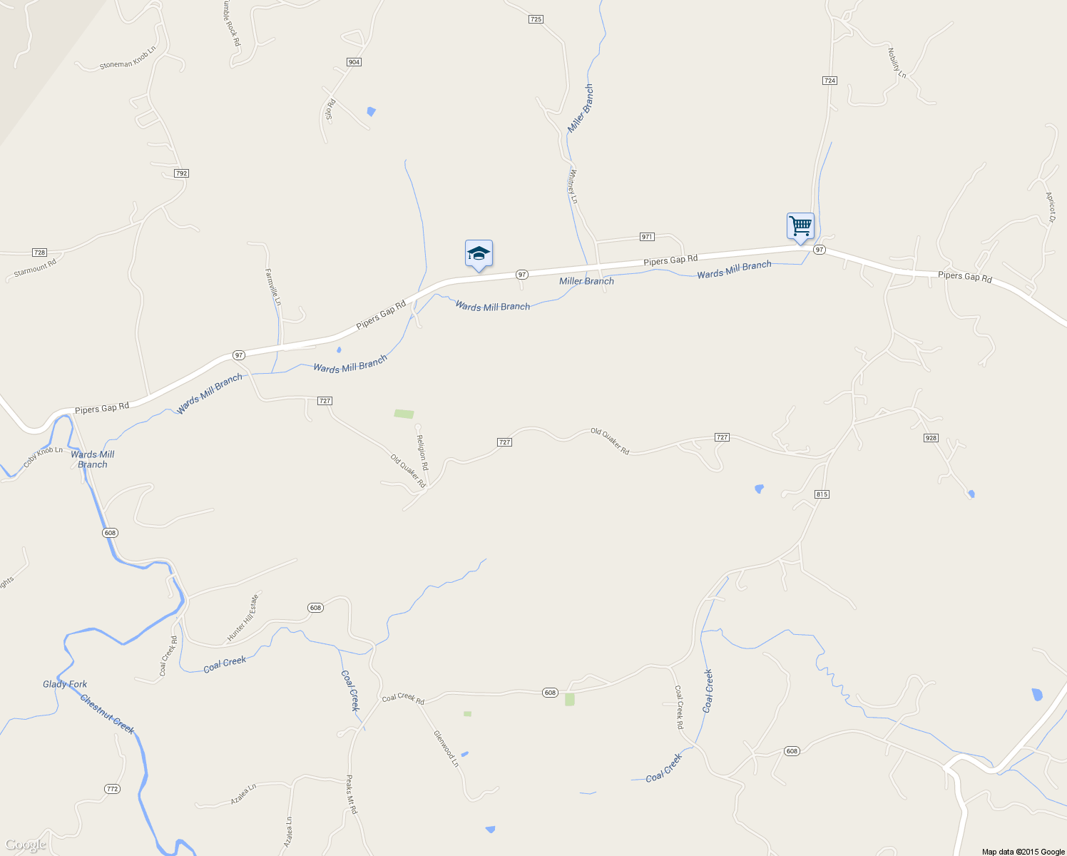 map of restaurants, bars, coffee shops, grocery stores, and more near Old Quaker Road in Galax