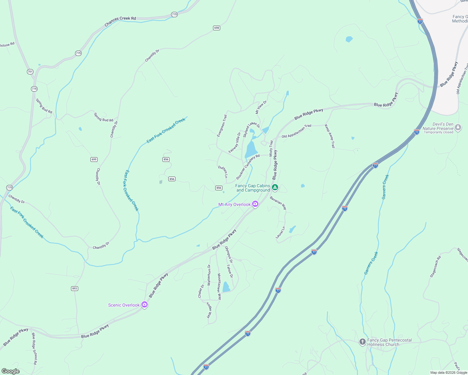 map of restaurants, bars, coffee shops, grocery stores, and more near Skyland Drive in Fancy Gap