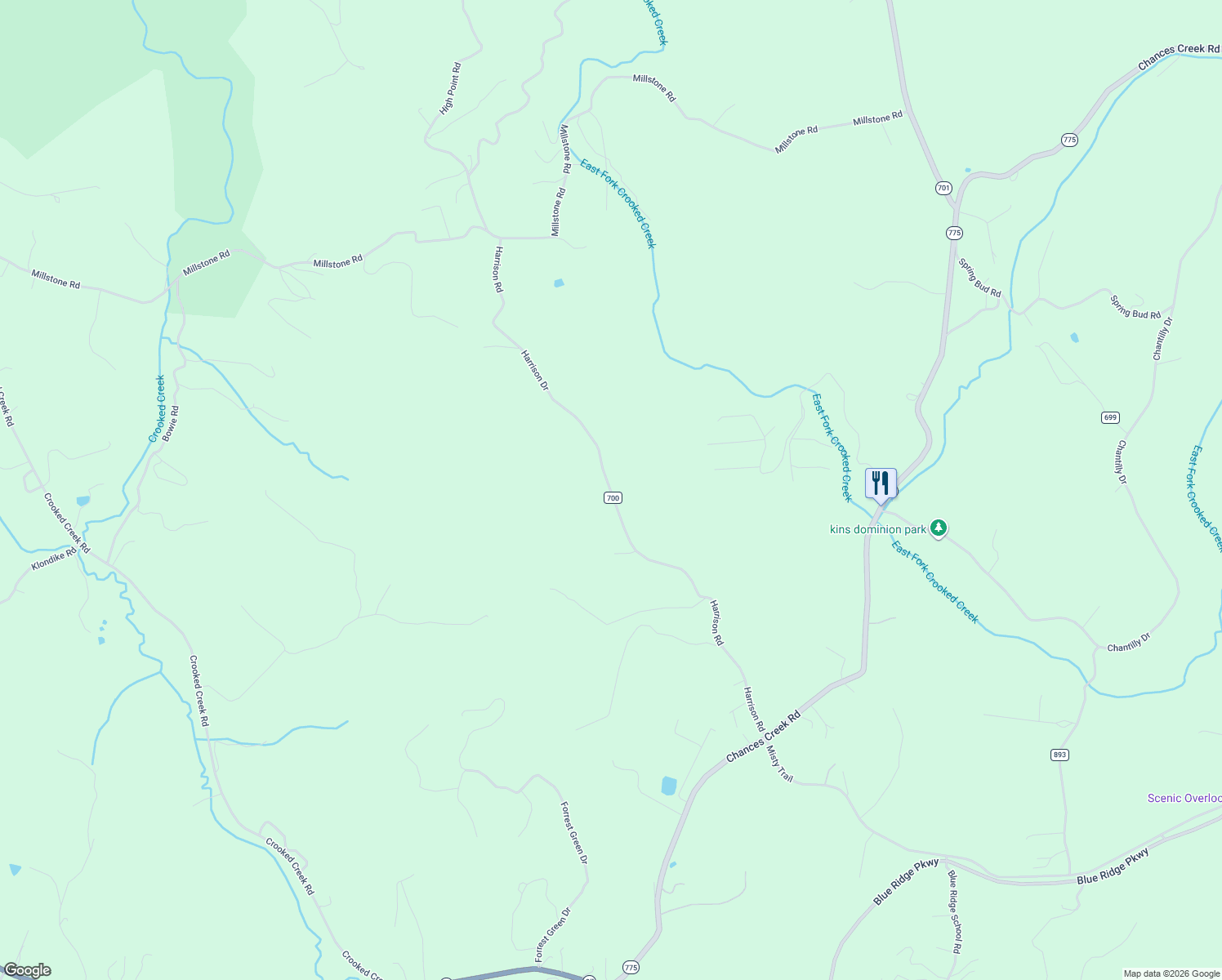 map of restaurants, bars, coffee shops, grocery stores, and more near 702-764 Harrison Road in Fancy Gap